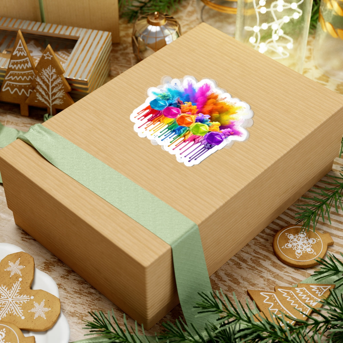 Colorburst Drip D20 Kiss-Cut Sticker — Rainbow Paint Splash Laptop Decal