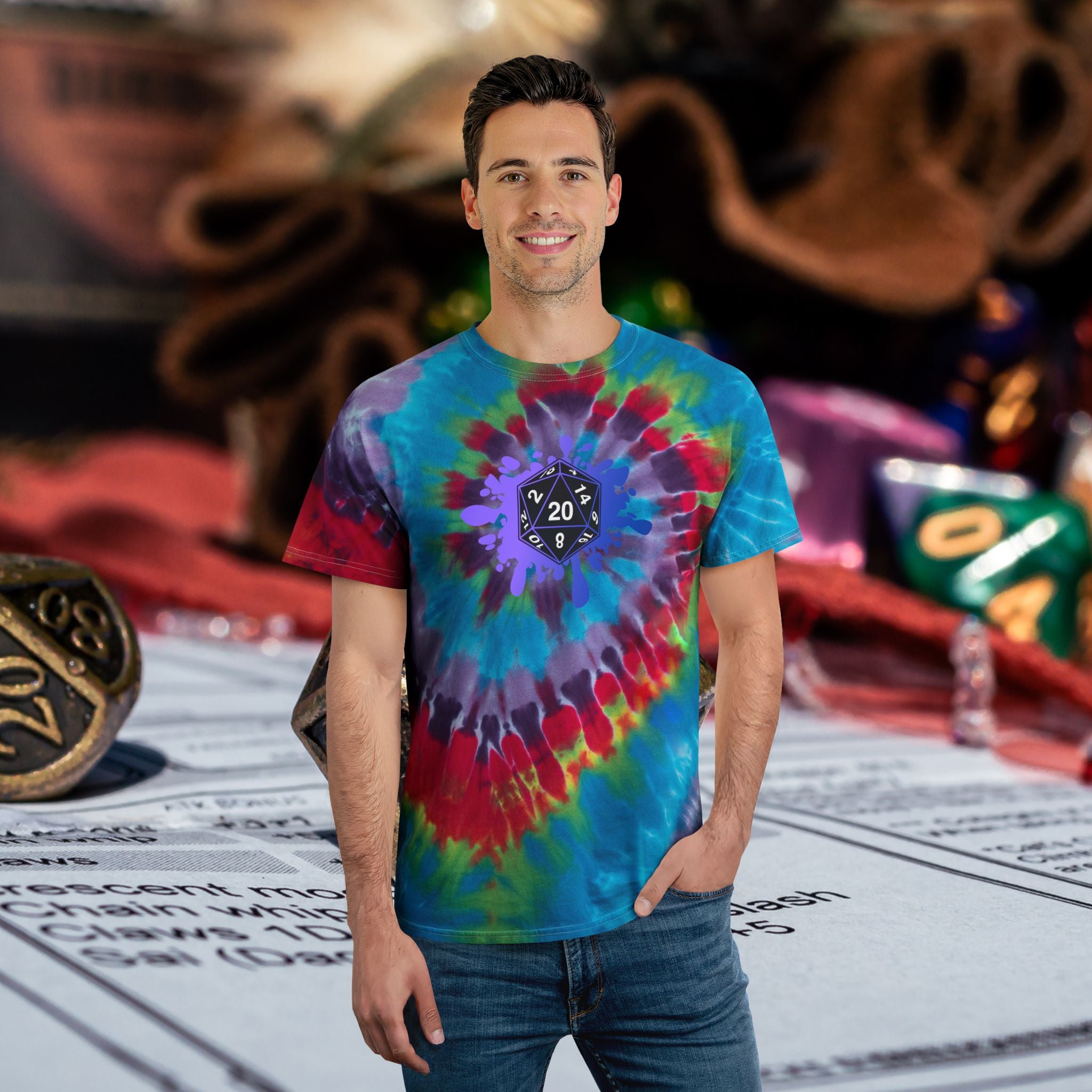 Tie-Dye Spiral Tee with D20 Dice Splatter Graphic Front and Back graphic