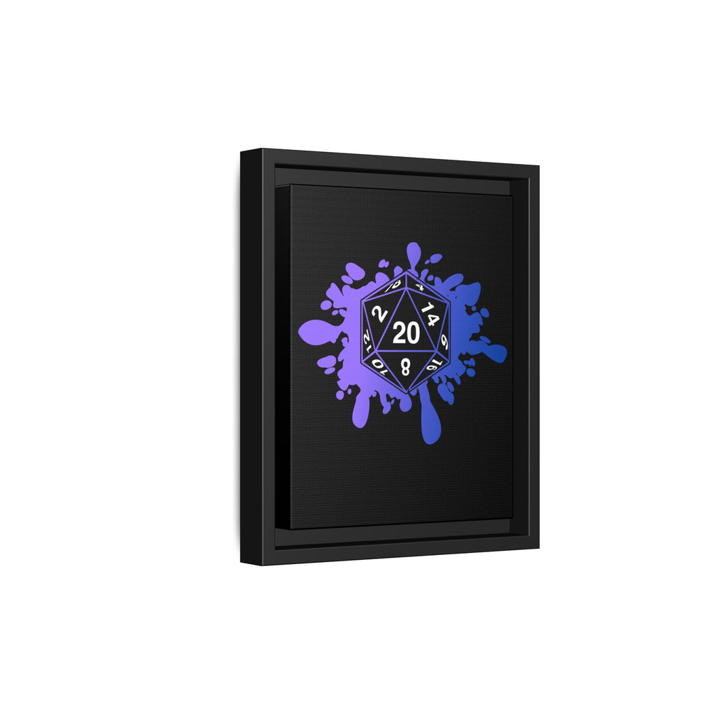 D20 Splash Matte Canvas Framed Wall Art — Purple Blue Tabletop RPG Decor