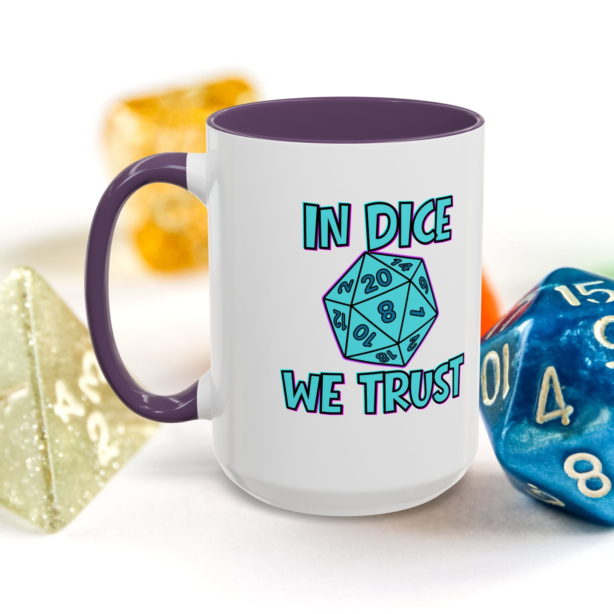 D20 Coffee Mug — "In Dice We Trust" Gamer RPG Dice Mug (15oz Accent)