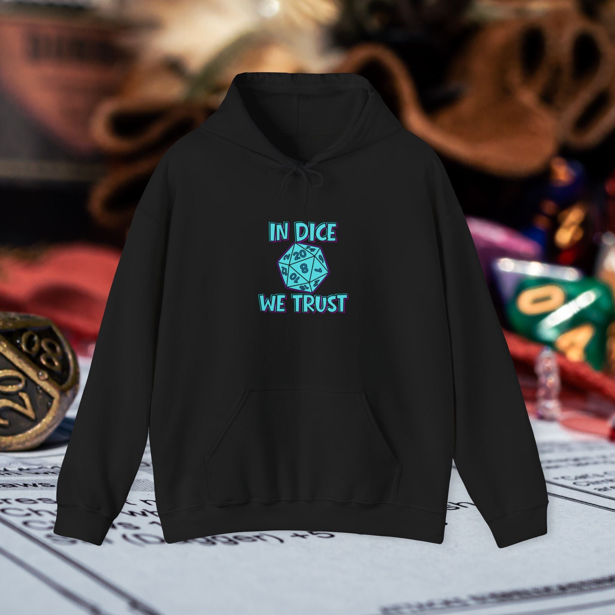 D20 Hoodie — "In Dice We Trust" RPG Gamer Hooded Sweatshirt