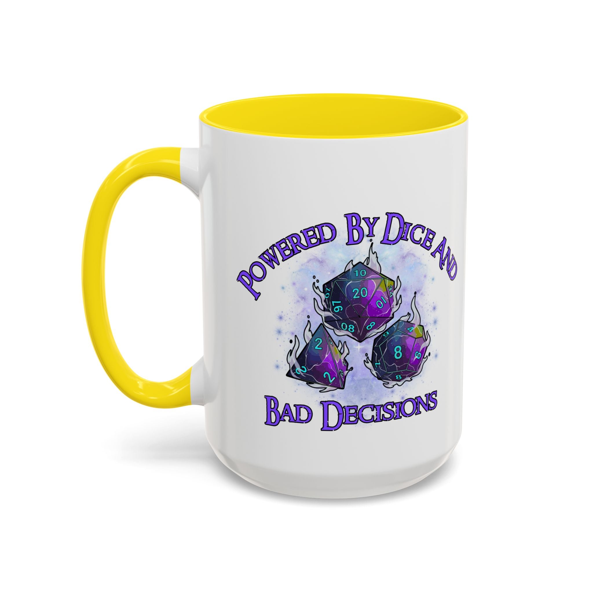 Powered by Dice Coffee Mug — "Powered by Dice and Bad Decisions" RPG Gamer Mug