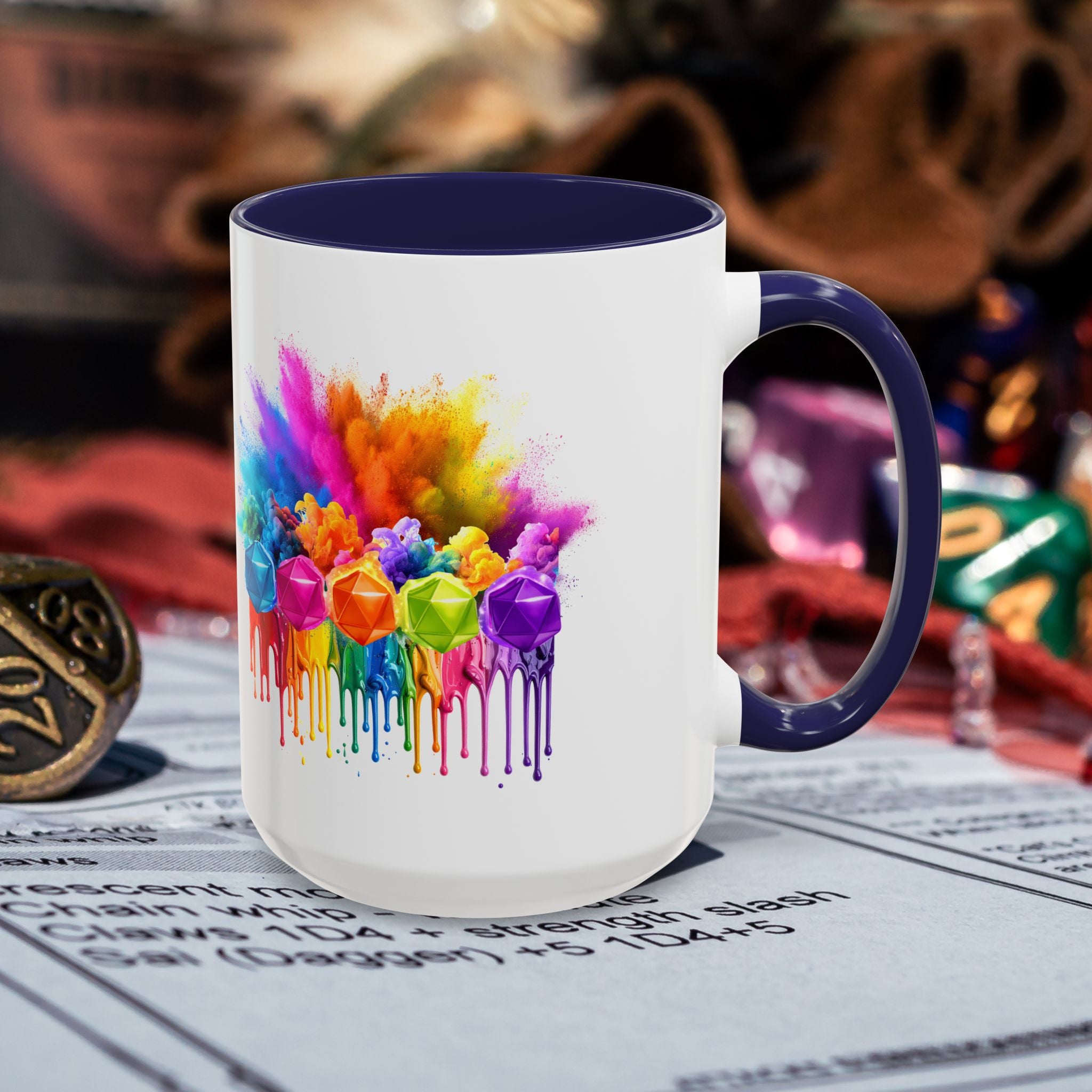 Colorful Dripping D20 Coffee Mug — Vibrant Rainbow Dice Design (15 oz)