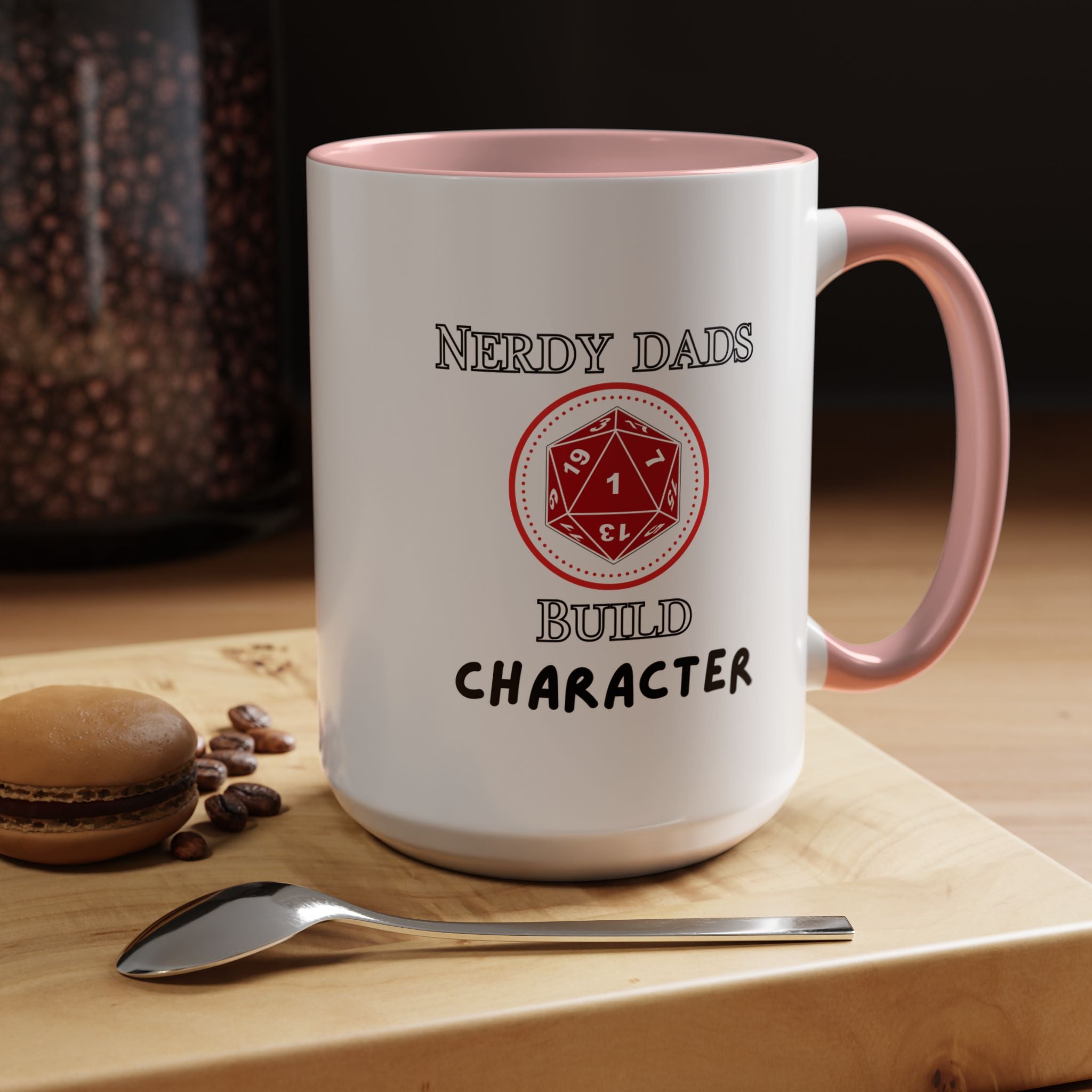 Nerdy Dads Build Character Coffee Mug – D20 RPG Gamer Dad Gift 15 oz