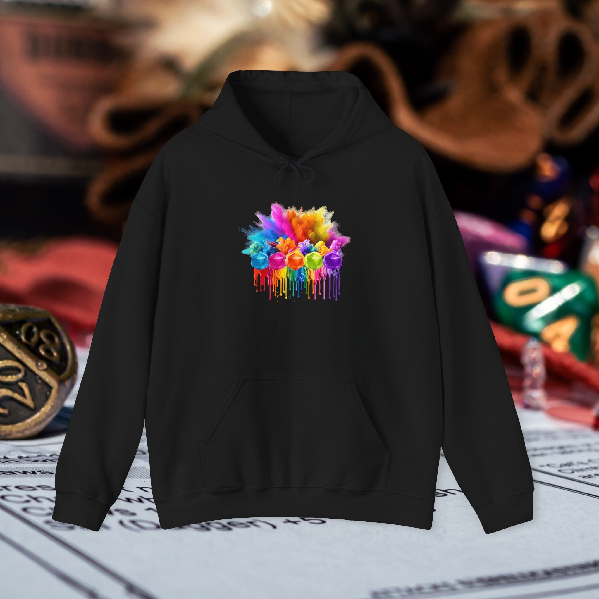 Colorful Drip D20 Hoodie – Vibrant Rainbow Dice Sweatshirt