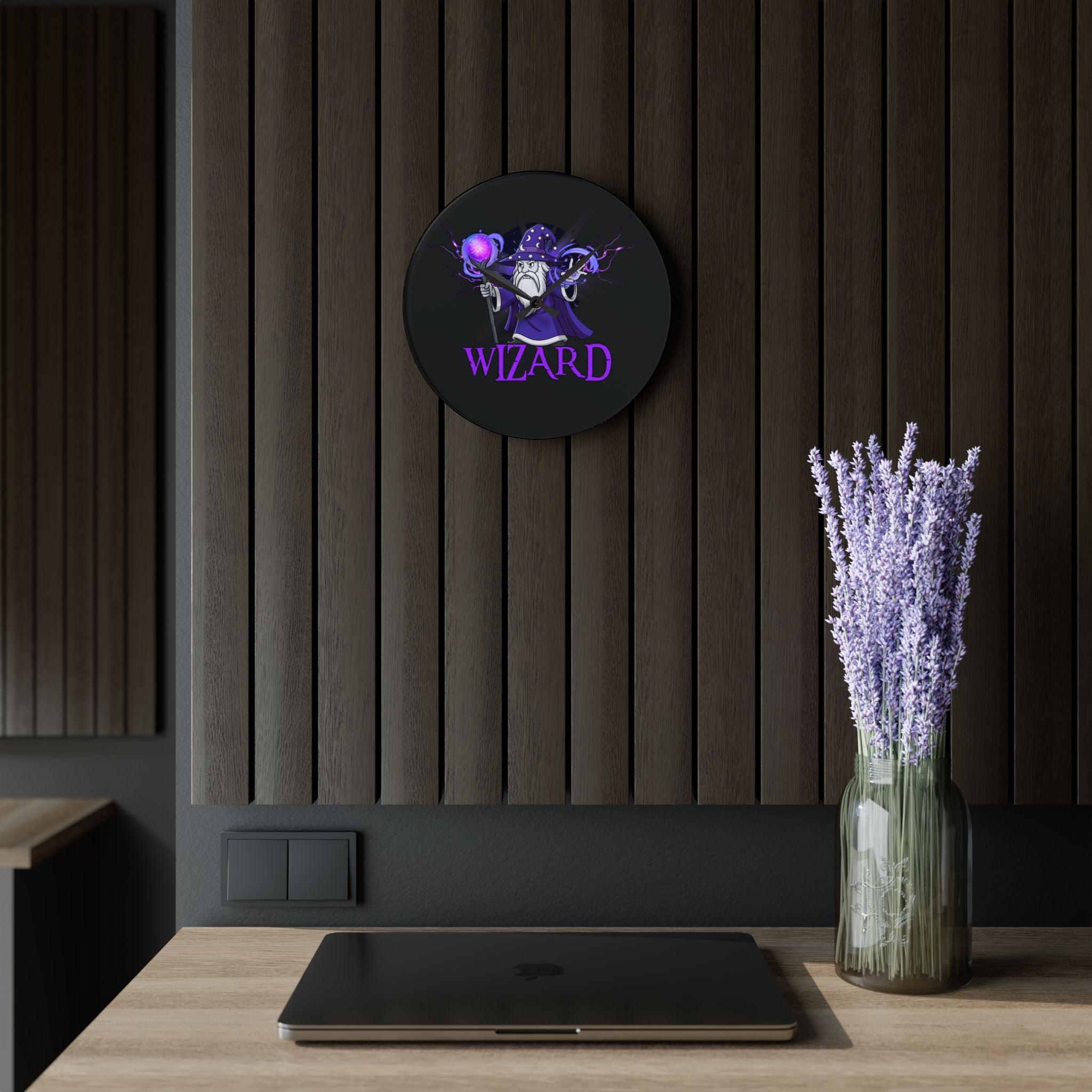 Wizard Acrylic Wall Clock — Purple D&D Fantasy Decor