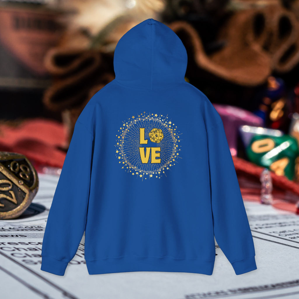 LOVE D20 Hoodie — Gold Glitter Dice Heart Gamer Gaming RPG Hooded Sweatshirt