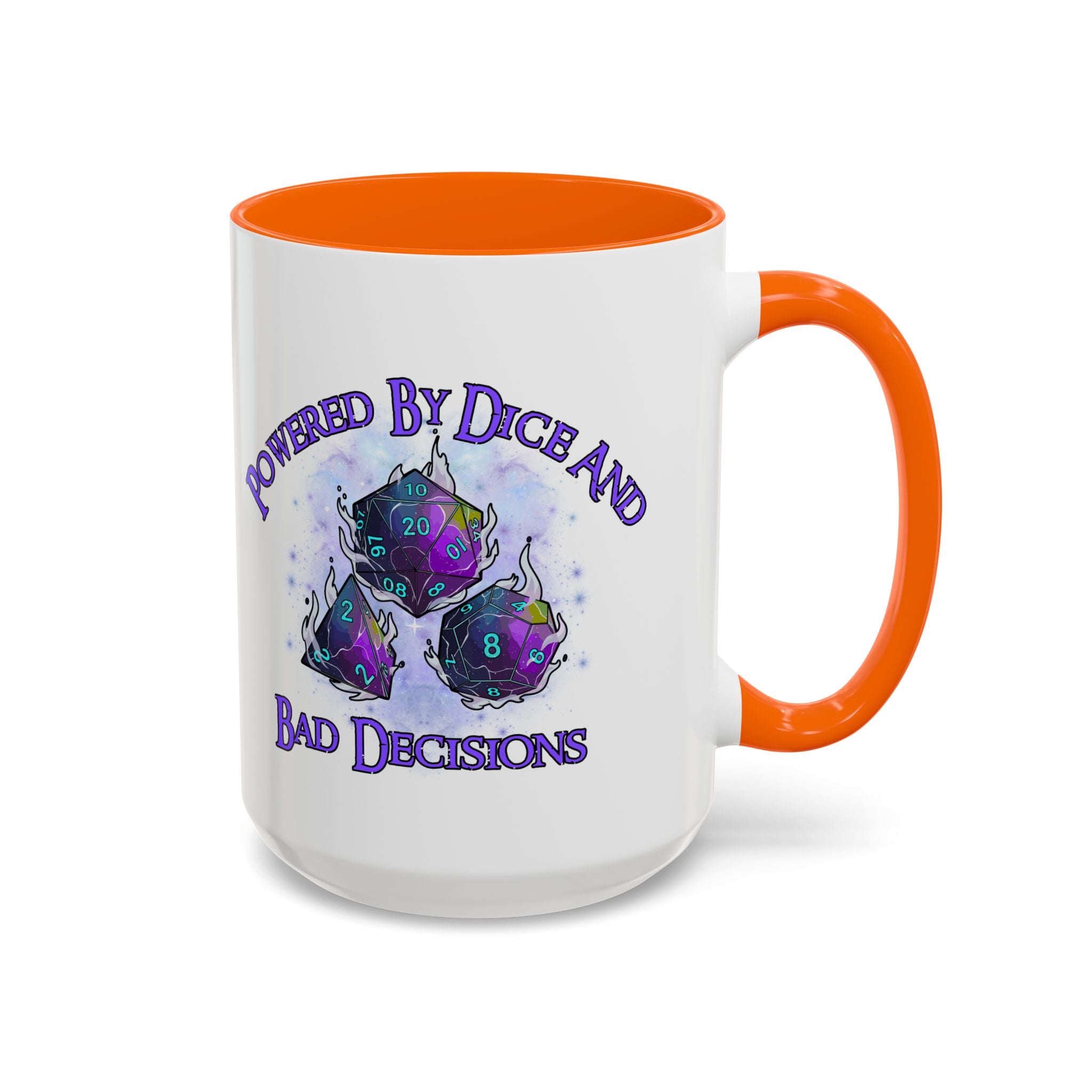 Powered by Dice Coffee Mug — "Powered by Dice and Bad Decisions" RPG Gamer Mug
