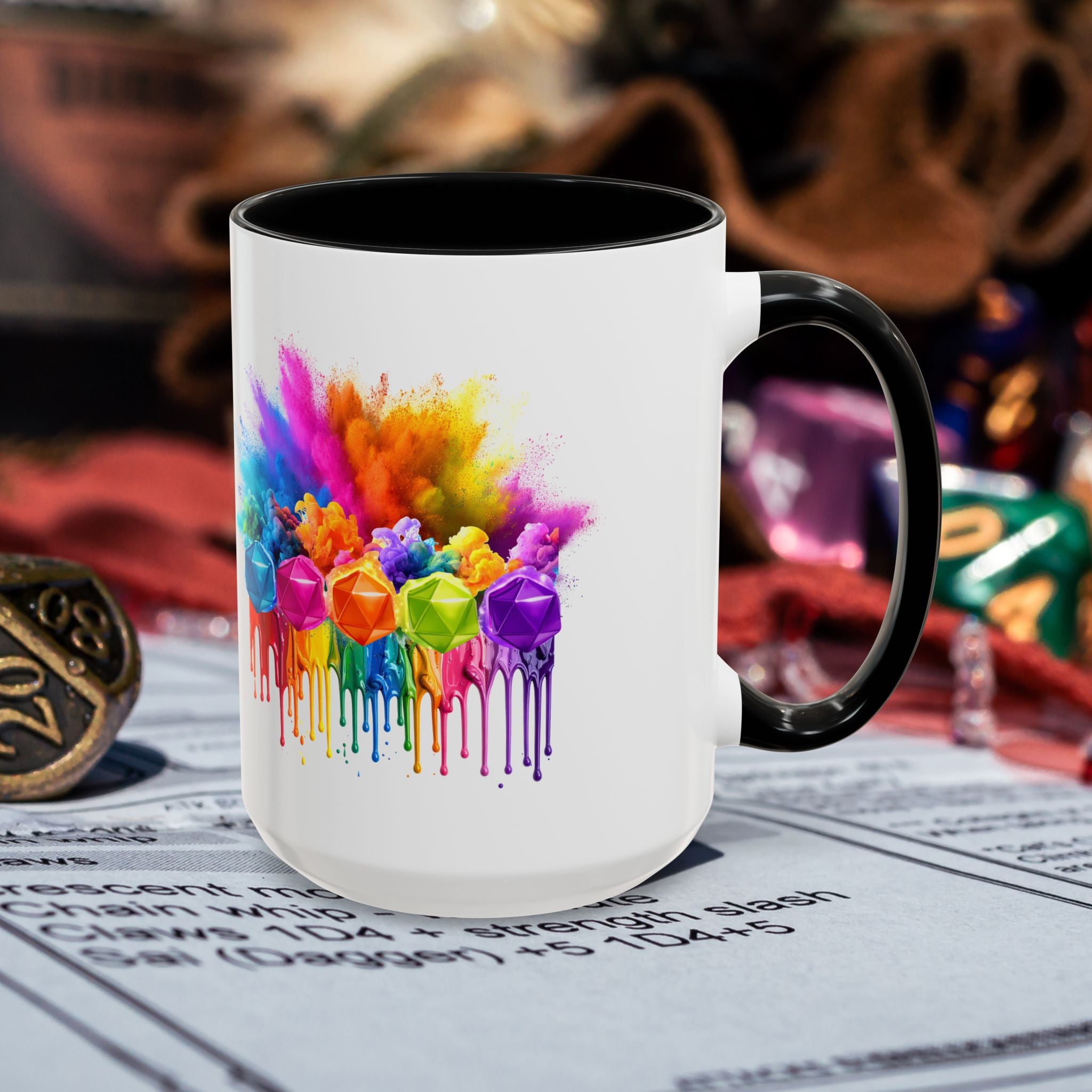 Colorful Dripping D20 Coffee Mug — Vibrant Rainbow Dice Design (15 oz)