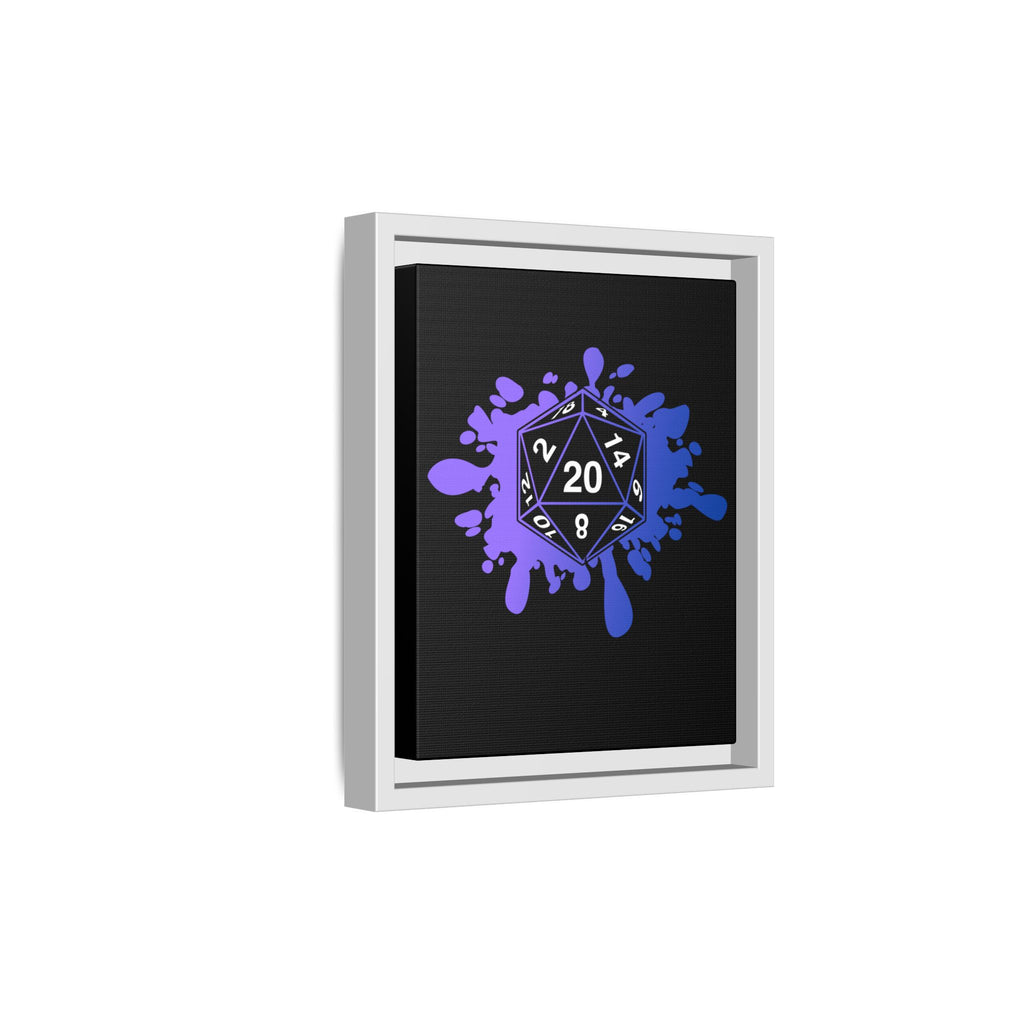 D20 Splash Matte Canvas Framed Wall Art — Purple Blue Tabletop RPG Decor