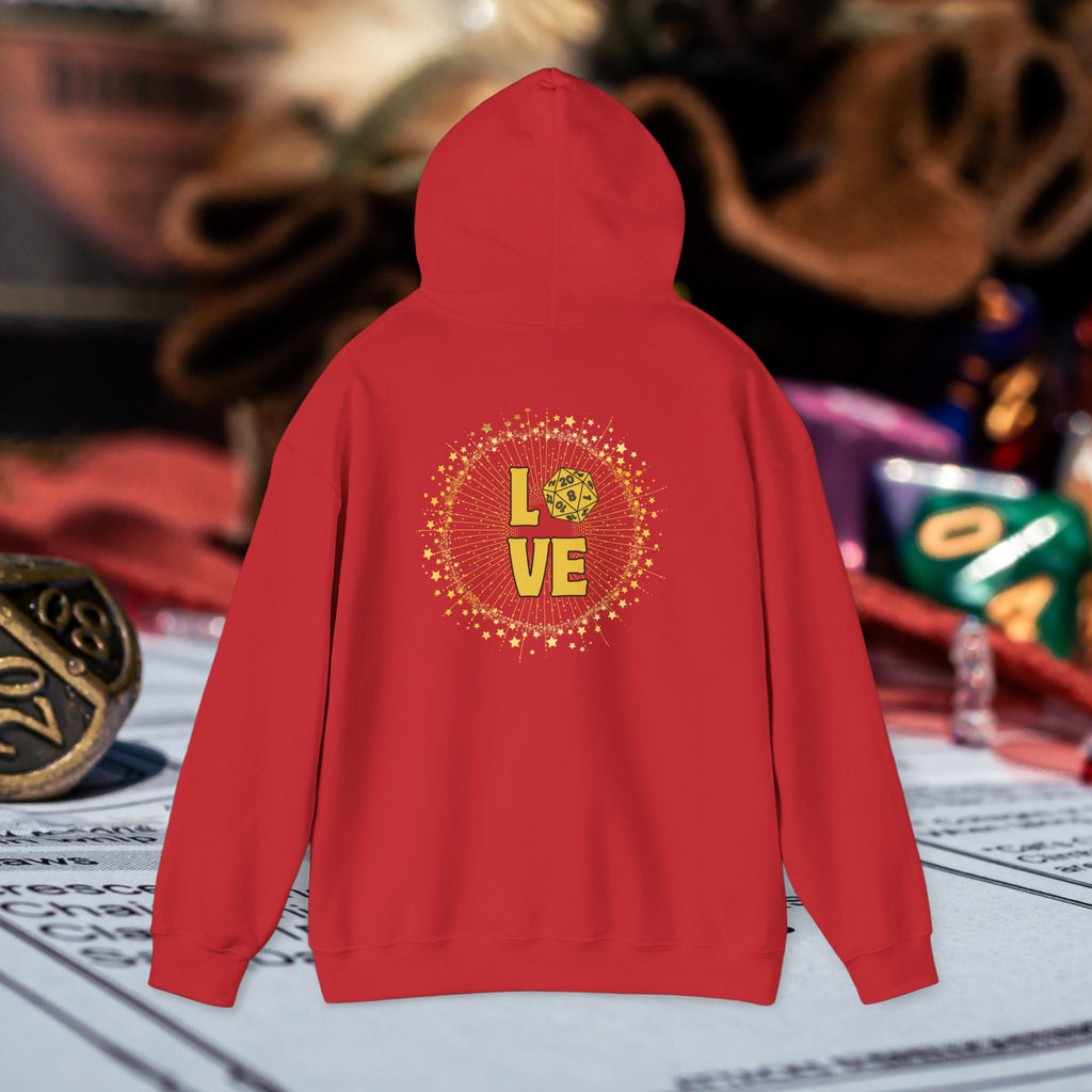 LOVE D20 Hoodie — Gold Glitter Dice Heart Gamer Gaming RPG Hooded Sweatshirt