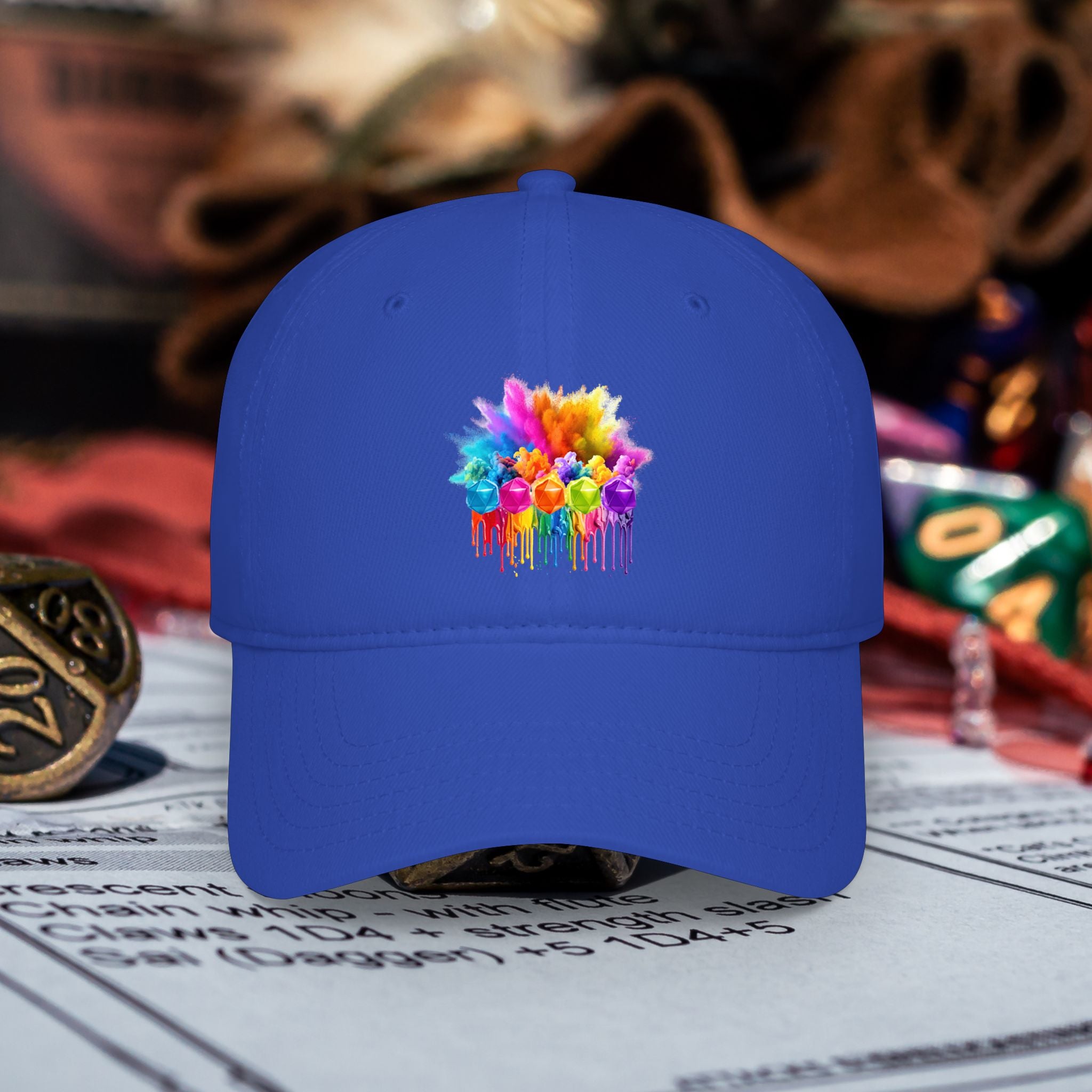 Colorful D20 Baseball Cap — Vibrant Dice Paint Splash Low-Profile Hat