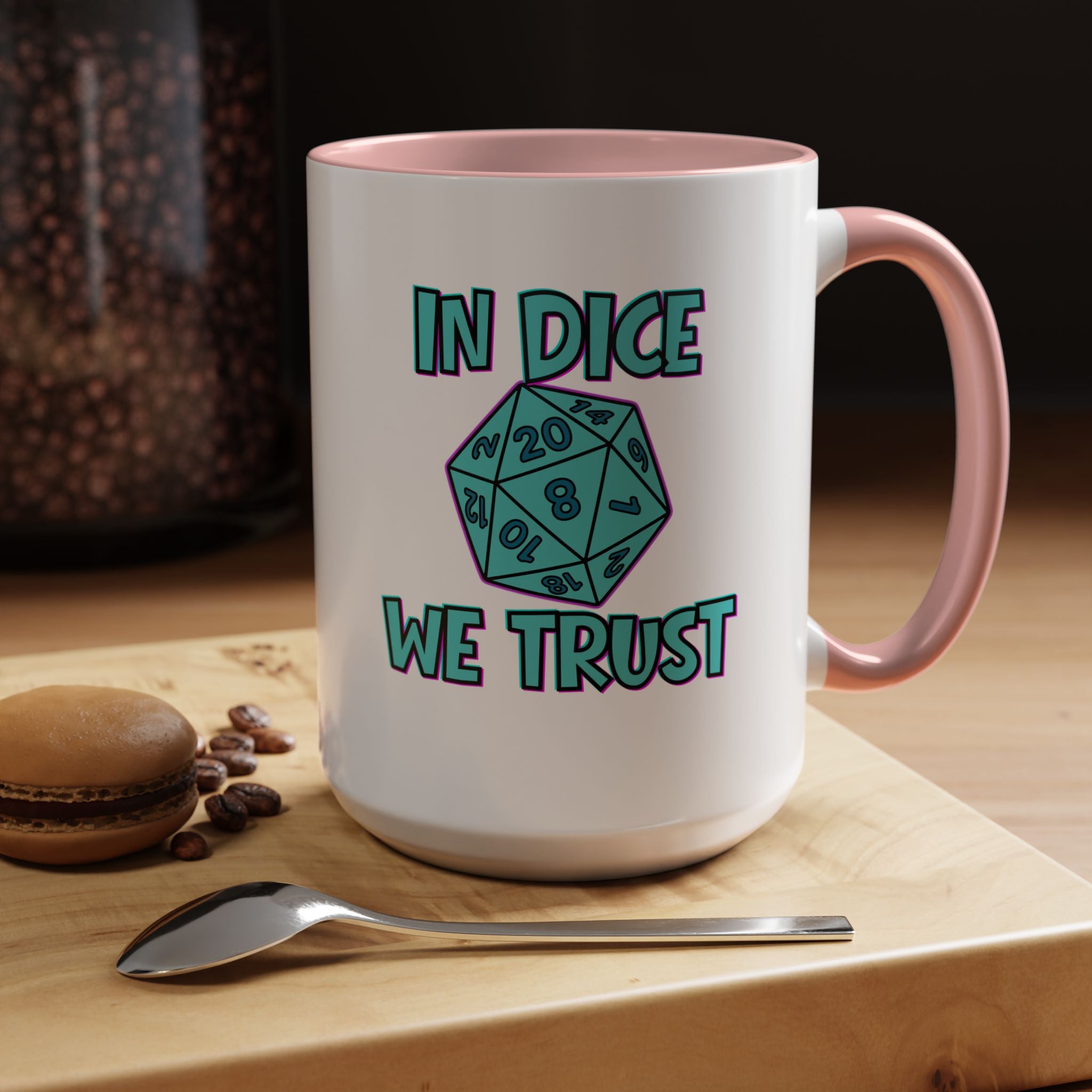 D20 Coffee Mug — "In Dice We Trust" Gamer RPG Dice Mug (15oz Accent)