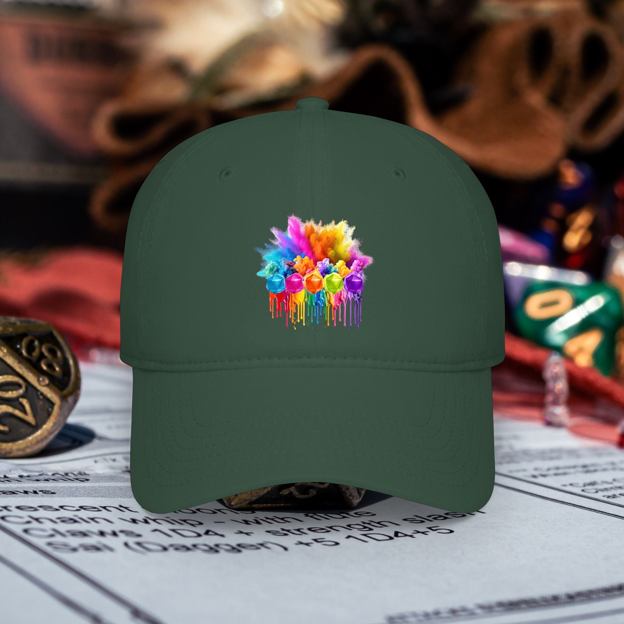 Colorful D20 Baseball Cap — Vibrant Dice Paint Splash Low-Profile Hat