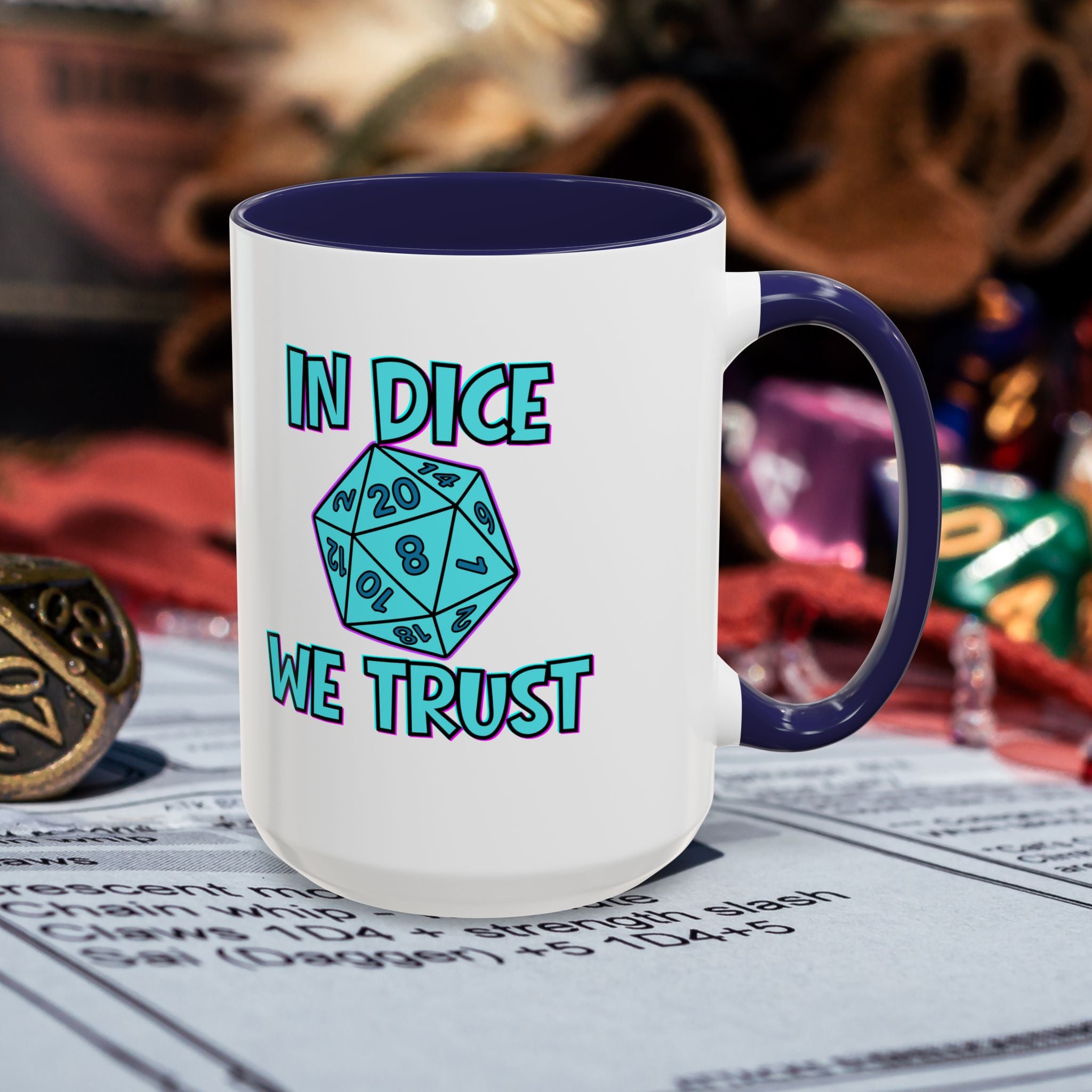 D20 Coffee Mug — "In Dice We Trust" Gamer RPG Dice Mug (15oz Accent)