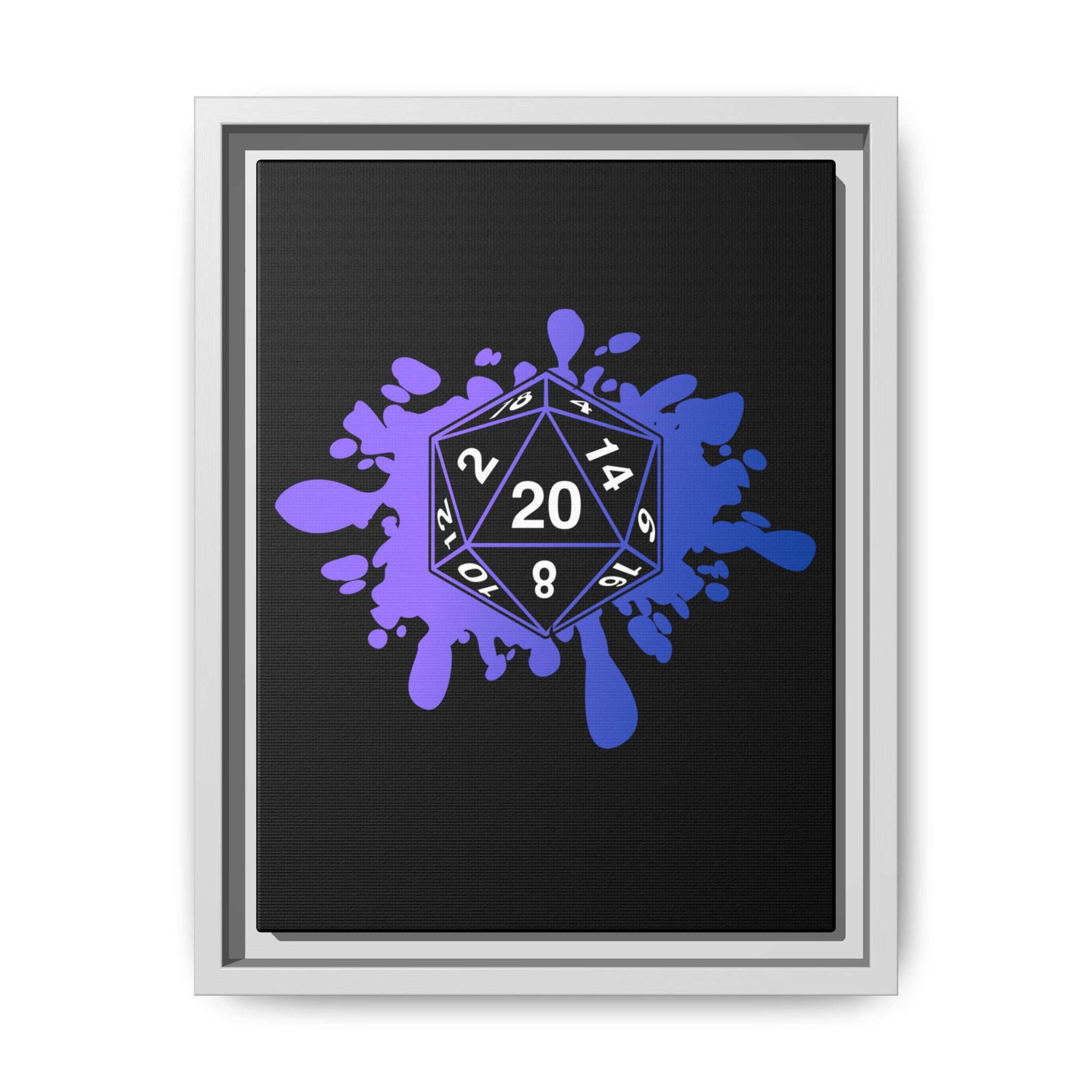 D20 Splash Matte Canvas Framed Wall Art — Purple Blue Tabletop RPG Decor