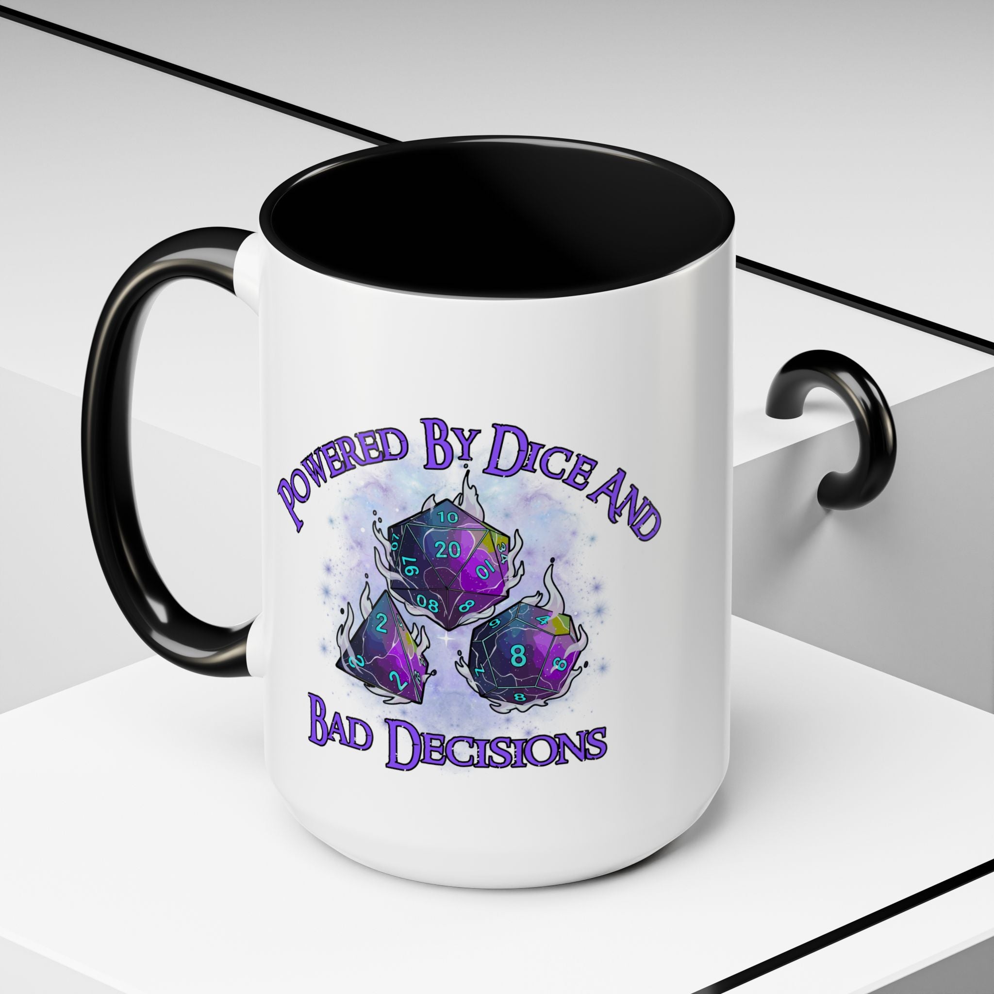 Powered by Dice Coffee Mug — "Powered by Dice and Bad Decisions" RPG Gamer Mug