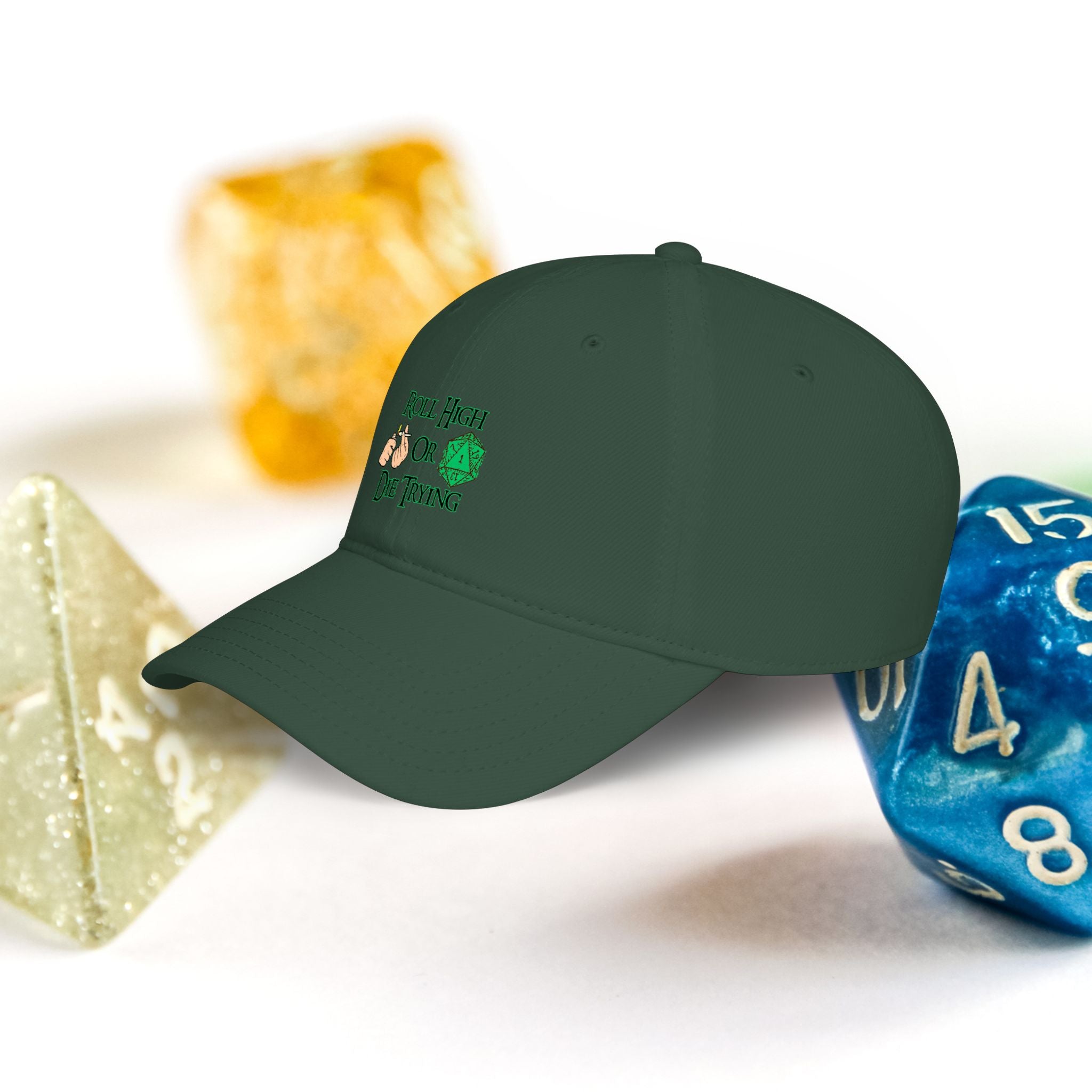 Roll High or Die Trying Baseball Cap — D20 Dice RPG Gamer Hat