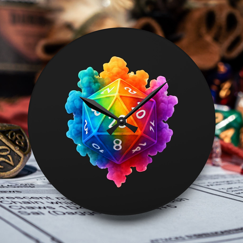 Acrylic Wall Clock — Rainbow D20 Dice Gaming Clock (Tabletop RPG Decor)