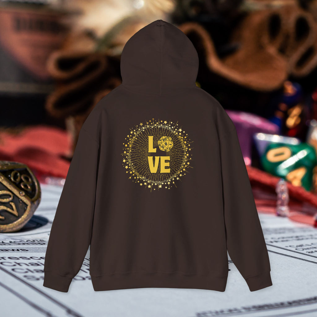 LOVE D20 Hoodie — Gold Glitter Dice Heart Gamer Gaming RPG Hooded Sweatshirt