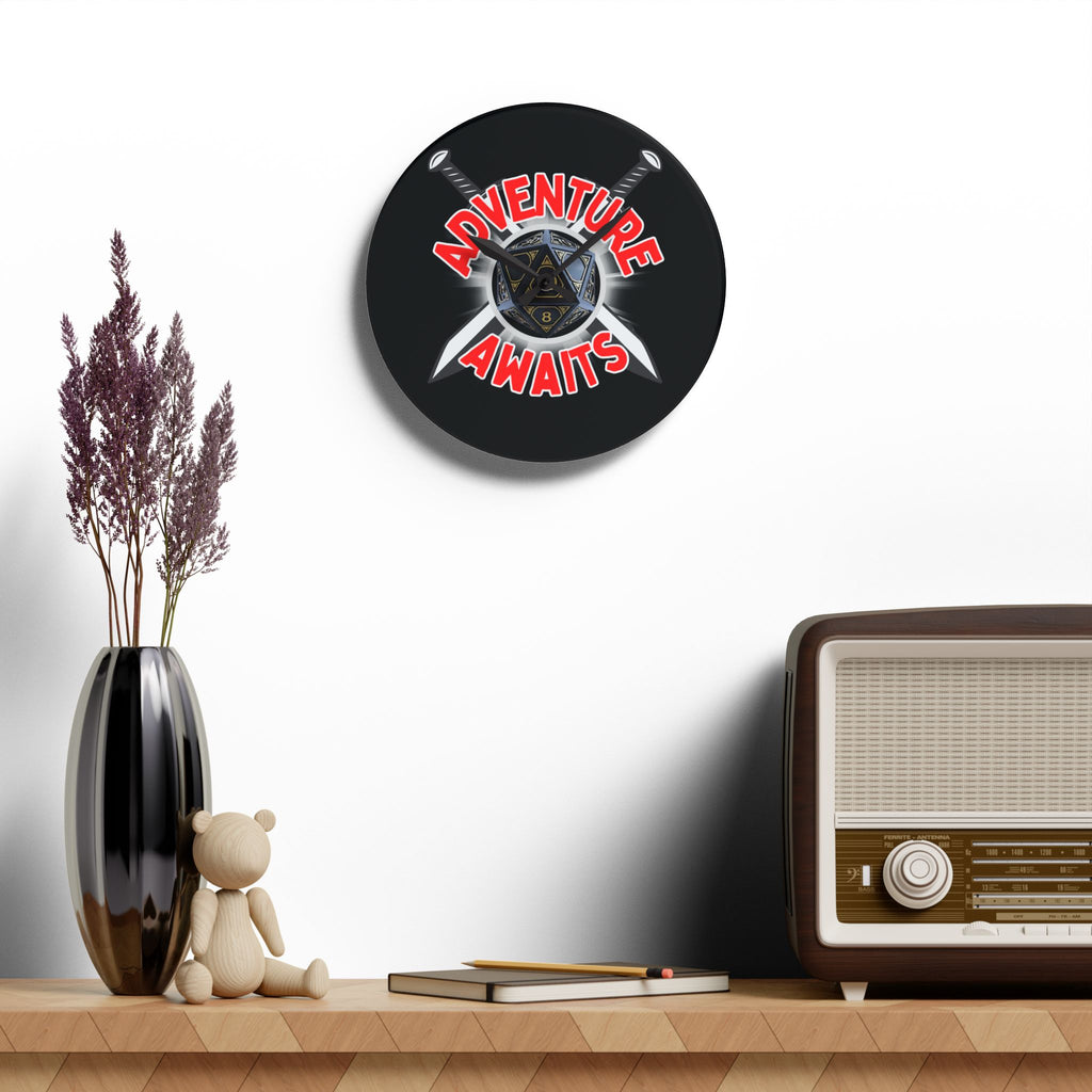 Adventure Awaits Acrylic Wall Clock — D20 Dice & Swords RPG Gamer Decor