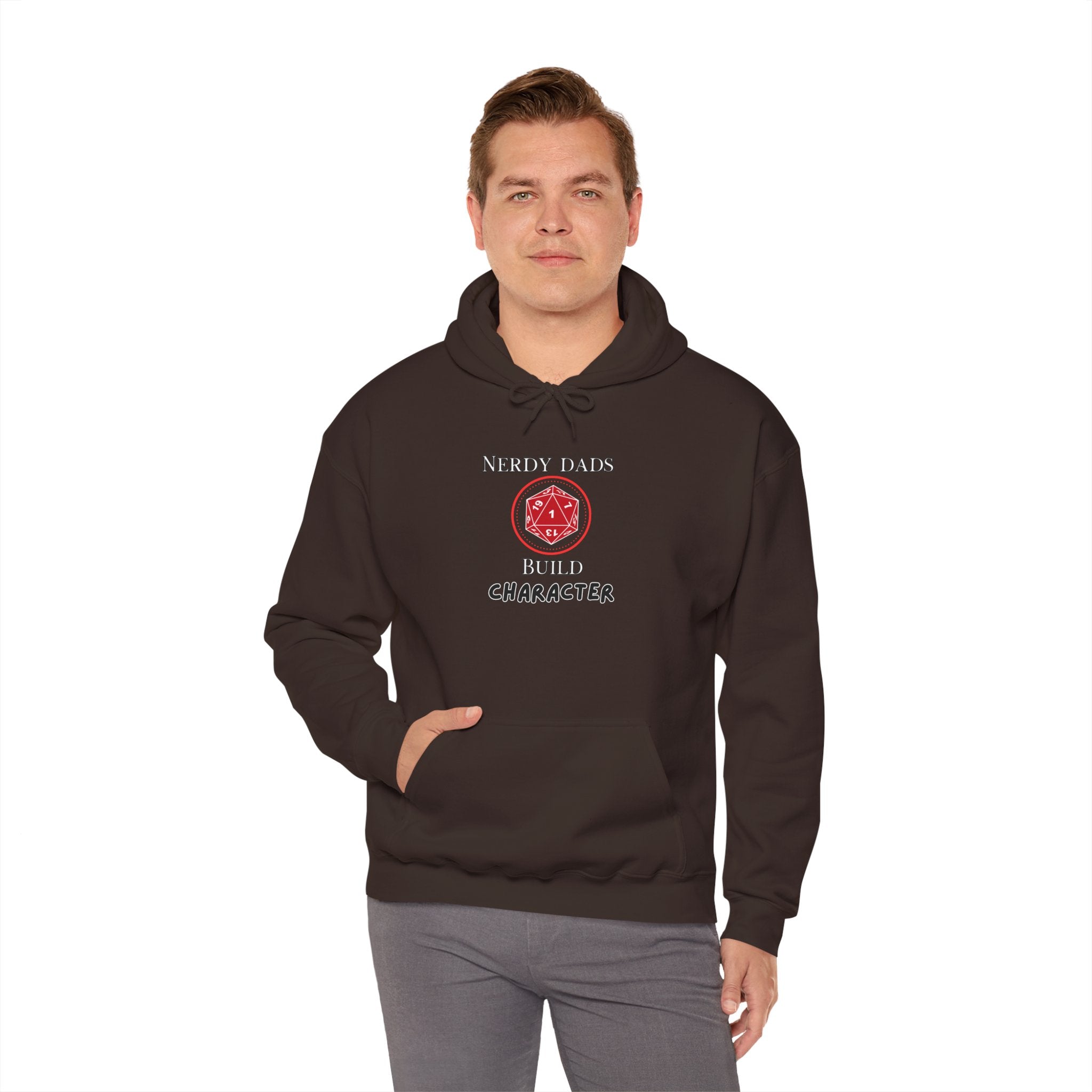 Nerdy Dads Build Character Hoodie — “Build Character” D20 Gaming Fathers Sweatshirt