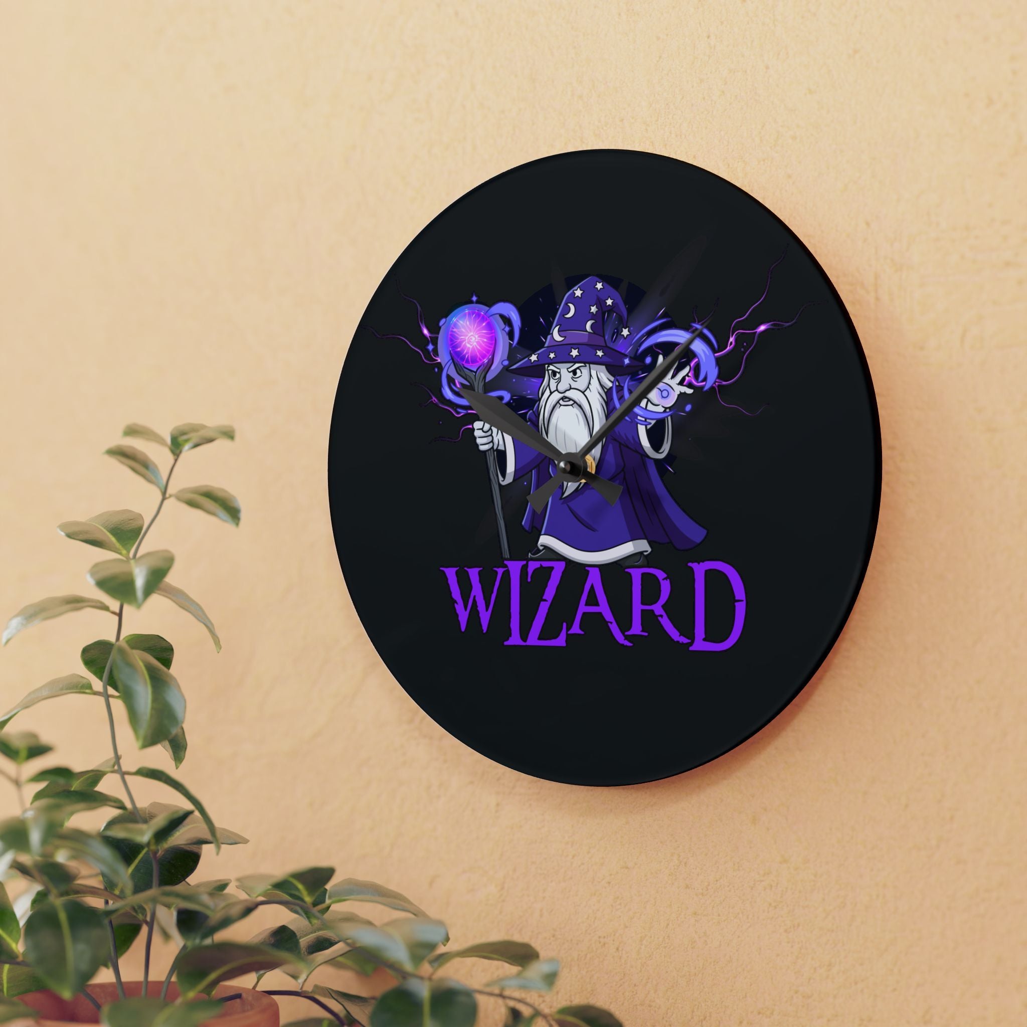 Wizard Acrylic Wall Clock — Purple D&D Fantasy Decor