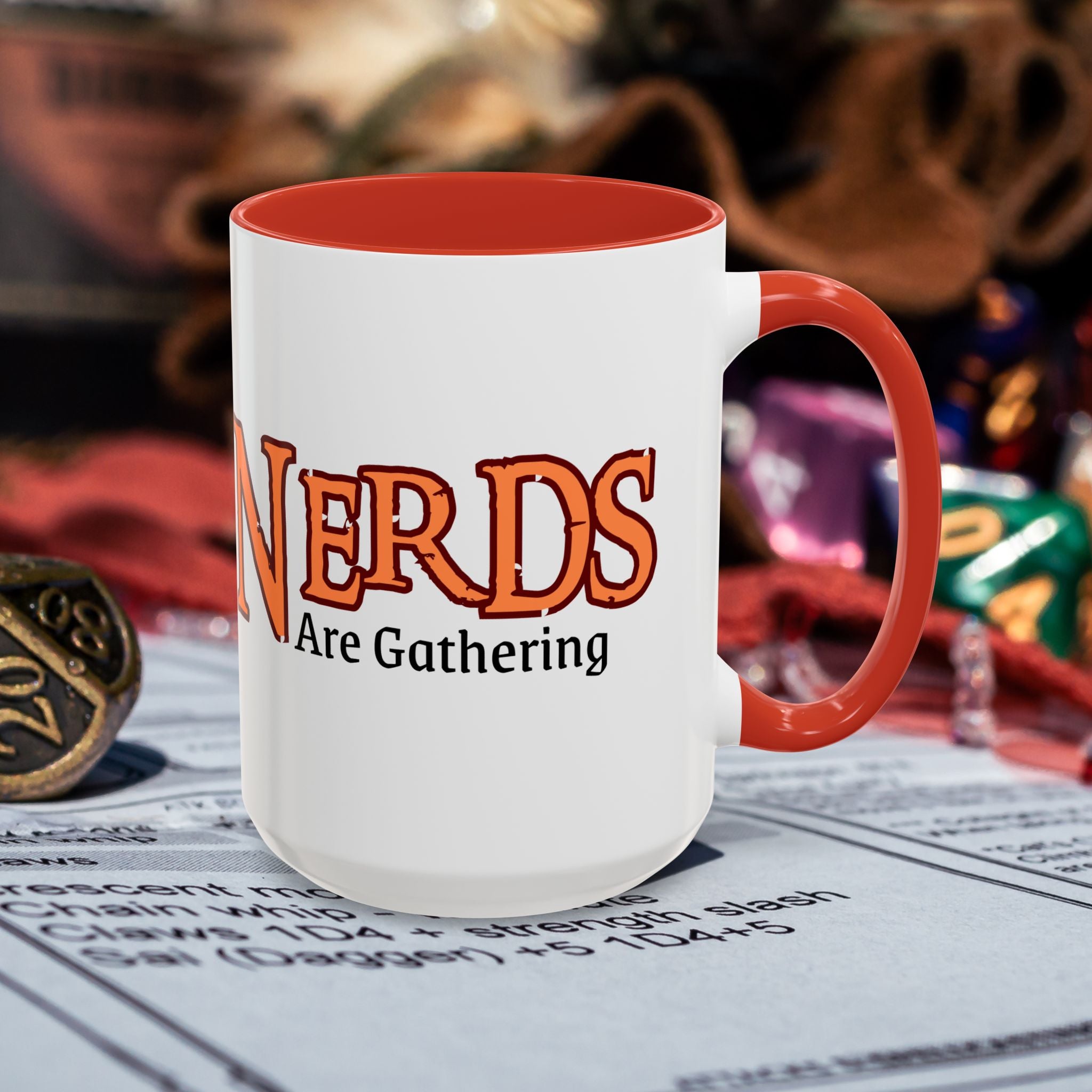 Coffee Mug — "Nerds Are Gathering" Accent Gaming D20 Dice Cup (15oz)