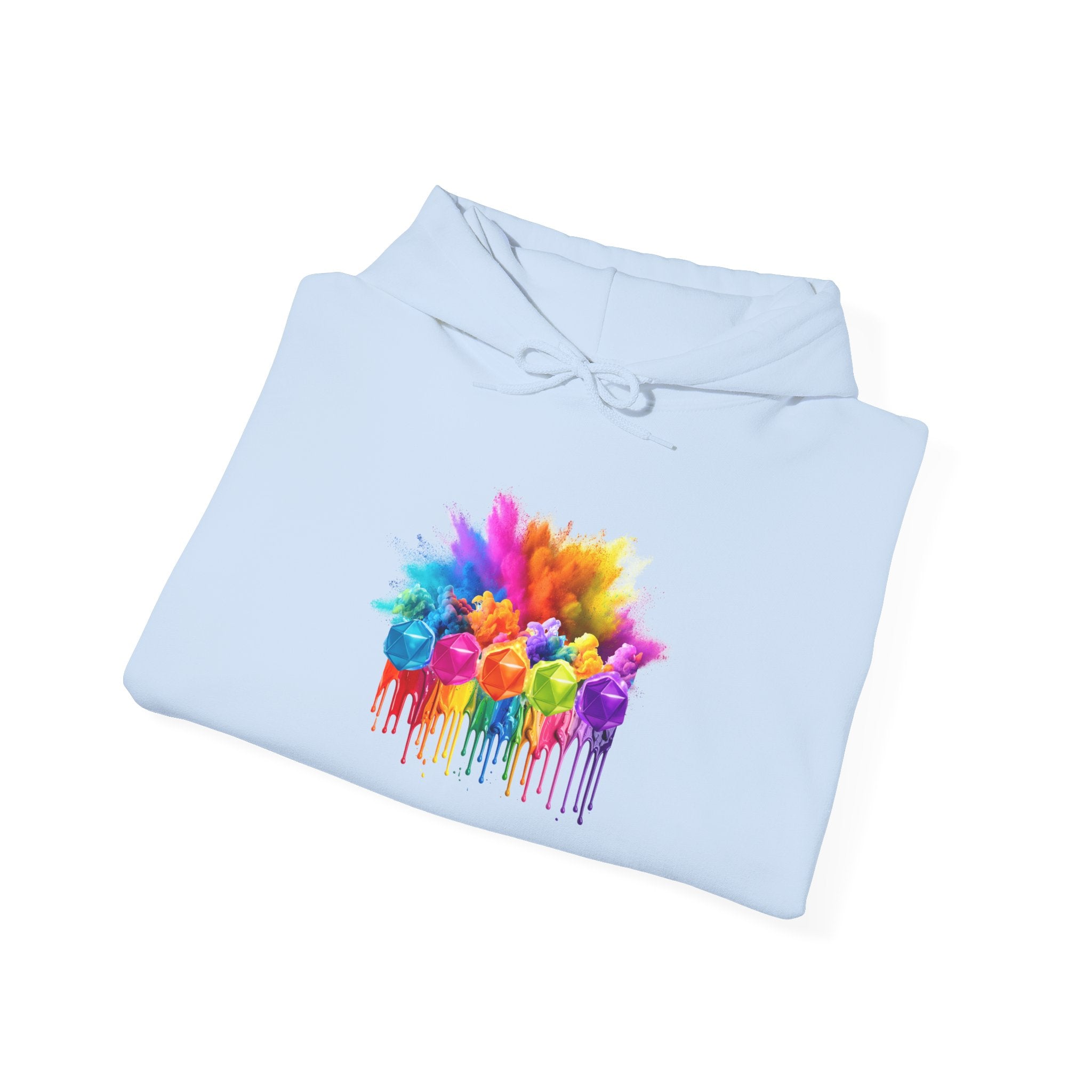 Colorful Drip D20 Hoodie – Vibrant Rainbow Dice Sweatshirt