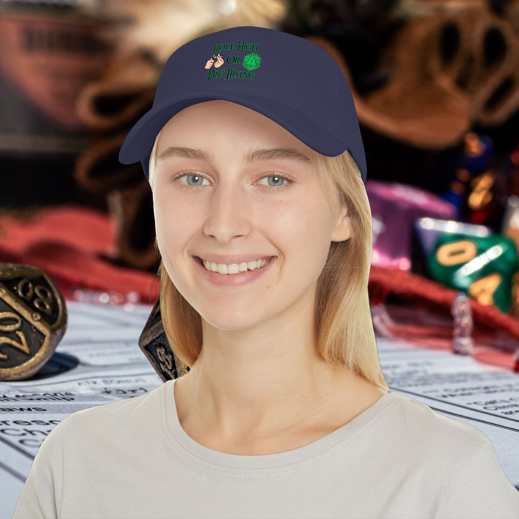 Roll High or Die Trying Baseball Cap — D20 Dice RPG Gamer Hat