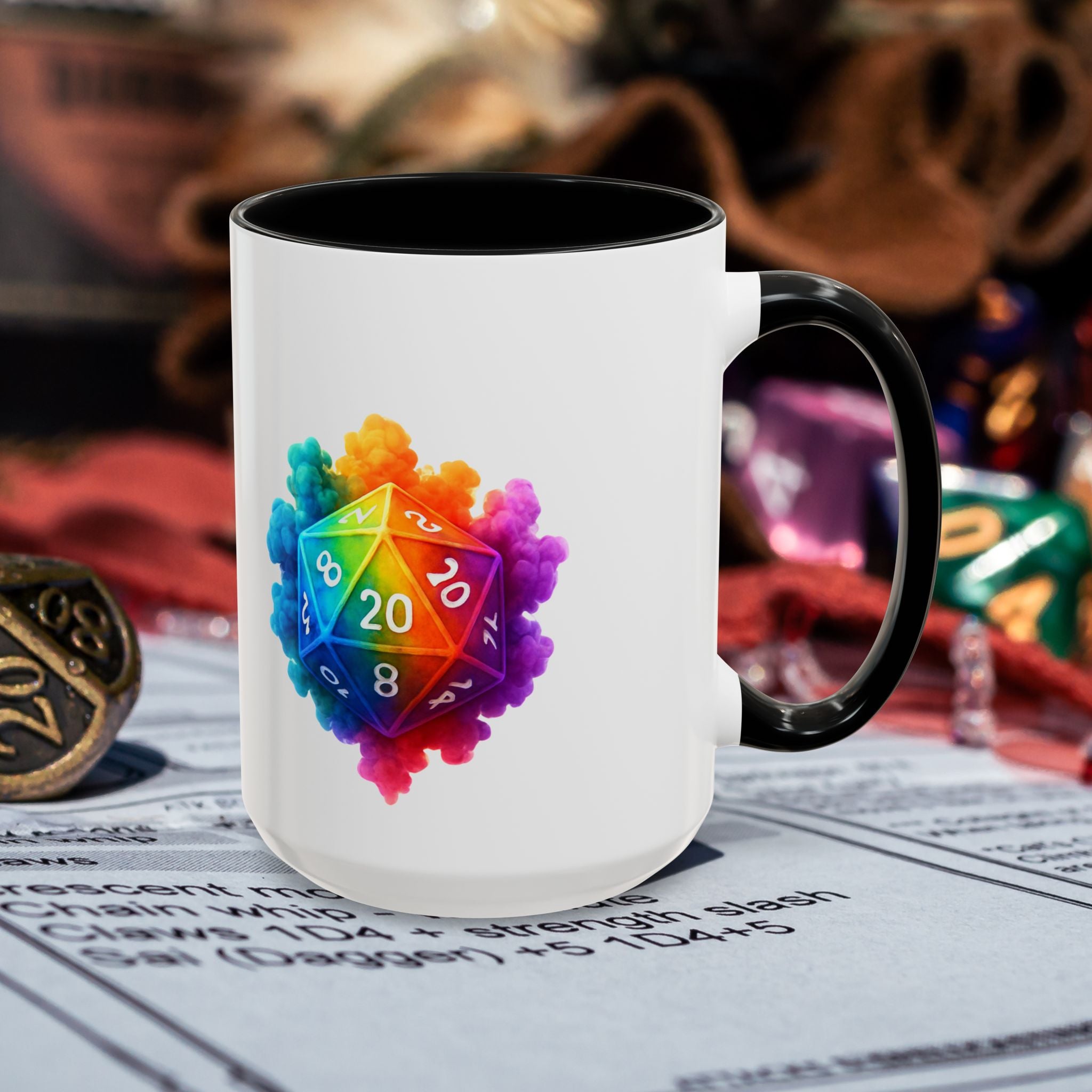 D20 Rainbow Dice Coffee Mug — Colorful Tabletop RPG Gamer Mug (15 oz)