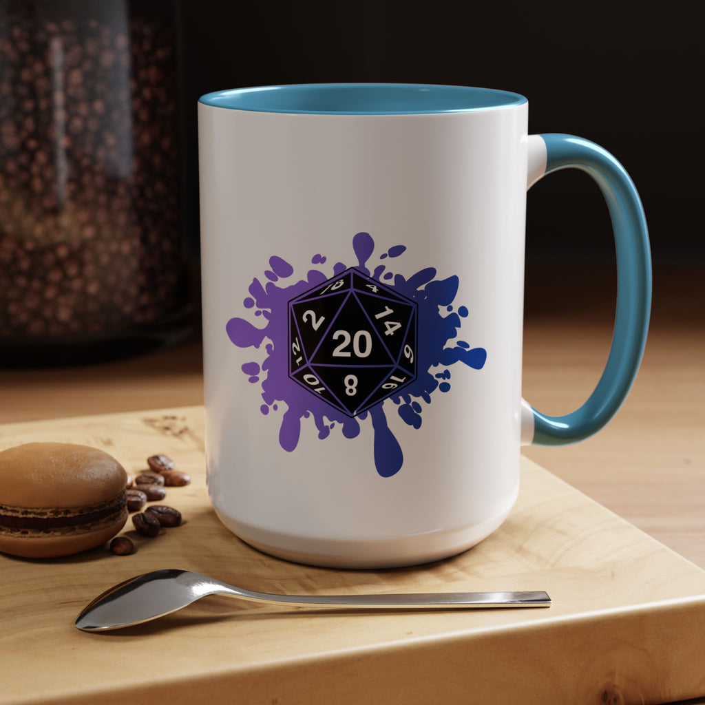 D20 Splash Coffee Mug — Gamer Dice 15oz Accent Mug