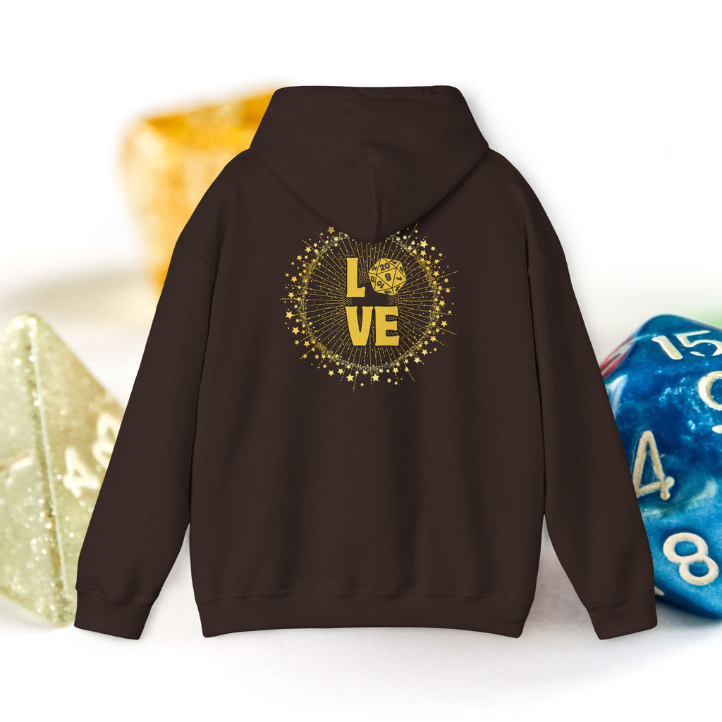 LOVE D20 Hoodie — Gold Glitter Dice Heart Gamer Gaming RPG Hooded Sweatshirt
