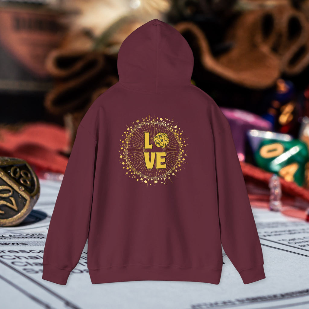 LOVE D20 Hoodie — Gold Glitter Dice Heart Gamer Gaming RPG Hooded Sweatshirt