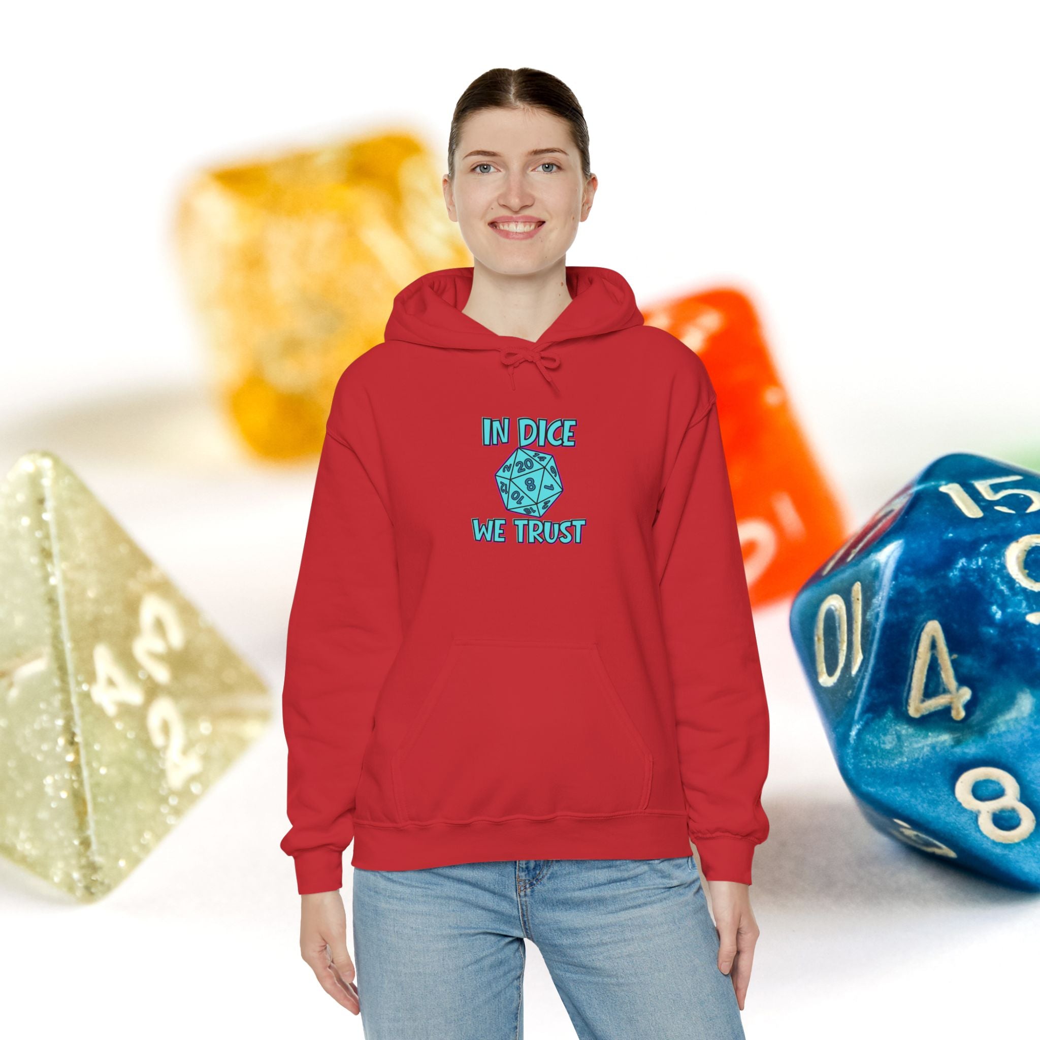 D20 Hoodie — "In Dice We Trust" RPG Gamer Hooded Sweatshirt