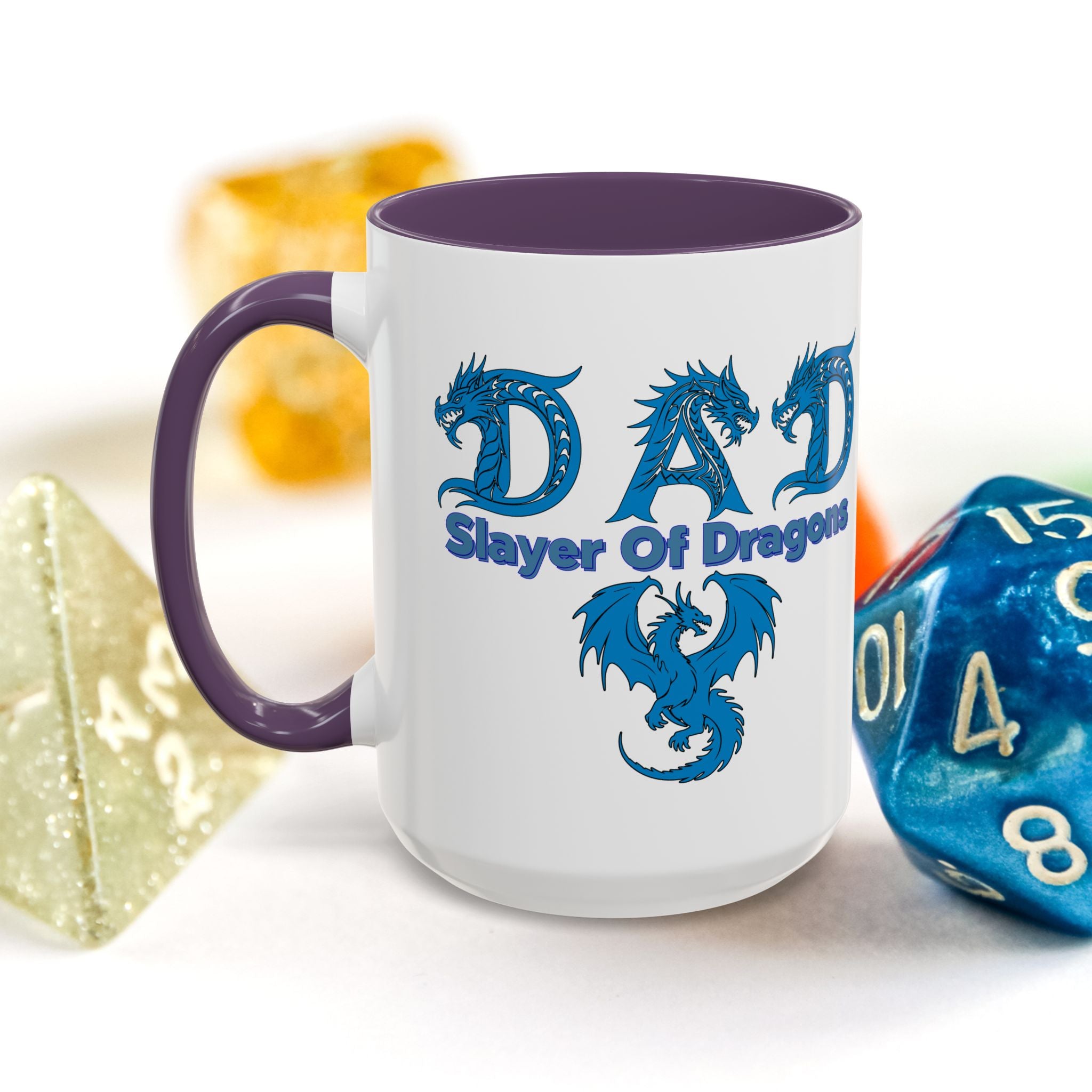 Dad Slayer of Dragons Accent Coffee Mug — Fantasy Dungeons & Dragons Gift