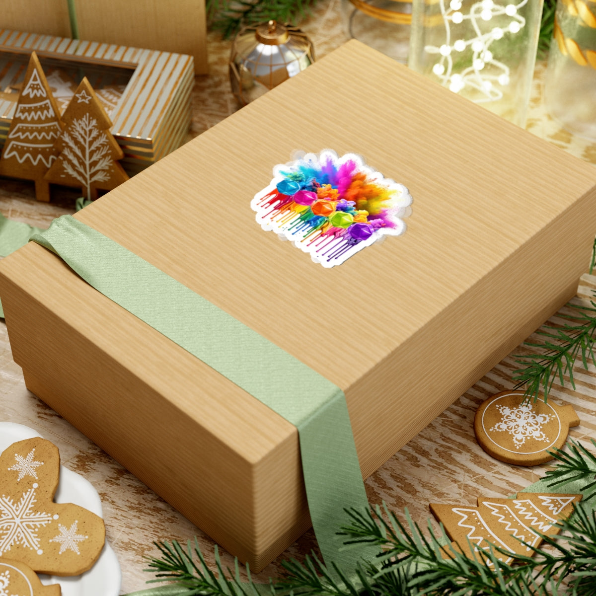 Colorburst Drip D20 Kiss-Cut Sticker — Rainbow Paint Splash Laptop Decal