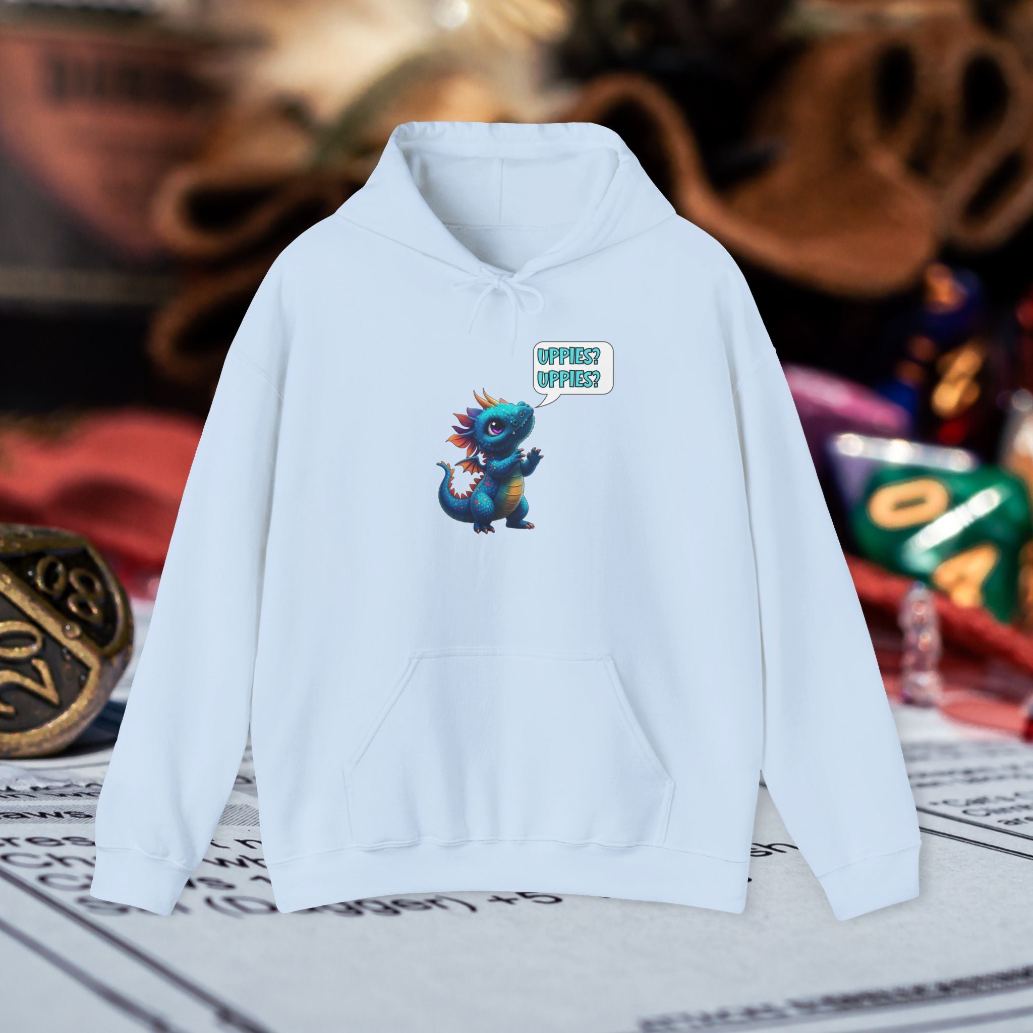 Dragon Dice Hoodie — Cute Blue Dragon UPPIES Gaming Hoodie