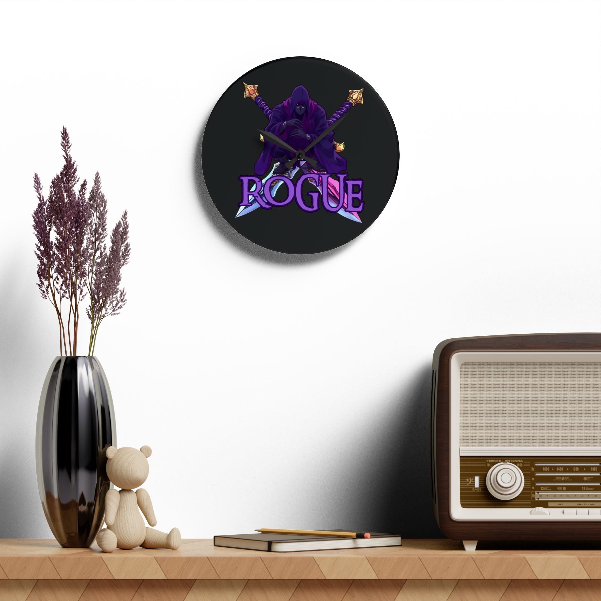 Rogue Acrylic Wall Clock — RPG Gamer Clock with Purple Rogue Design