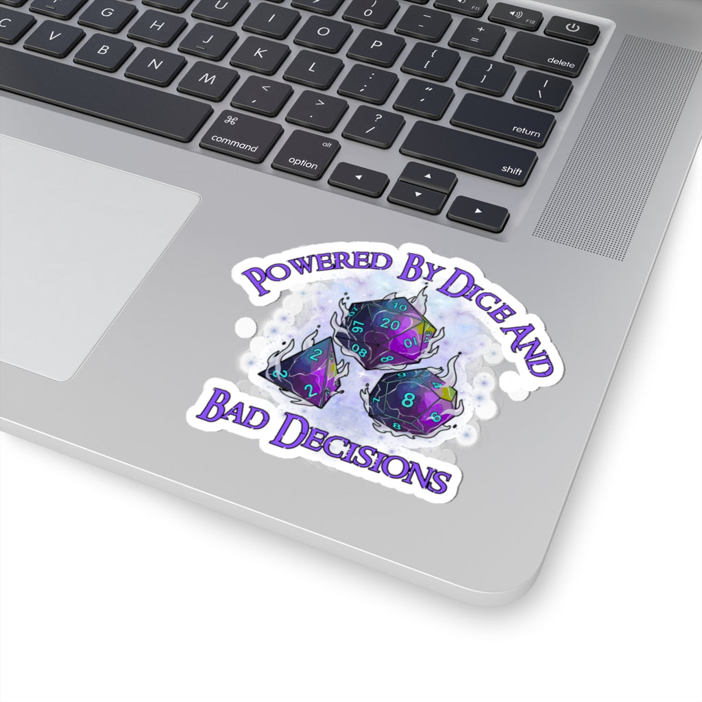 Kiss-Cut Sticker — “Powered by Dice and Bad Decisions” RPG Dice Humor Sticker