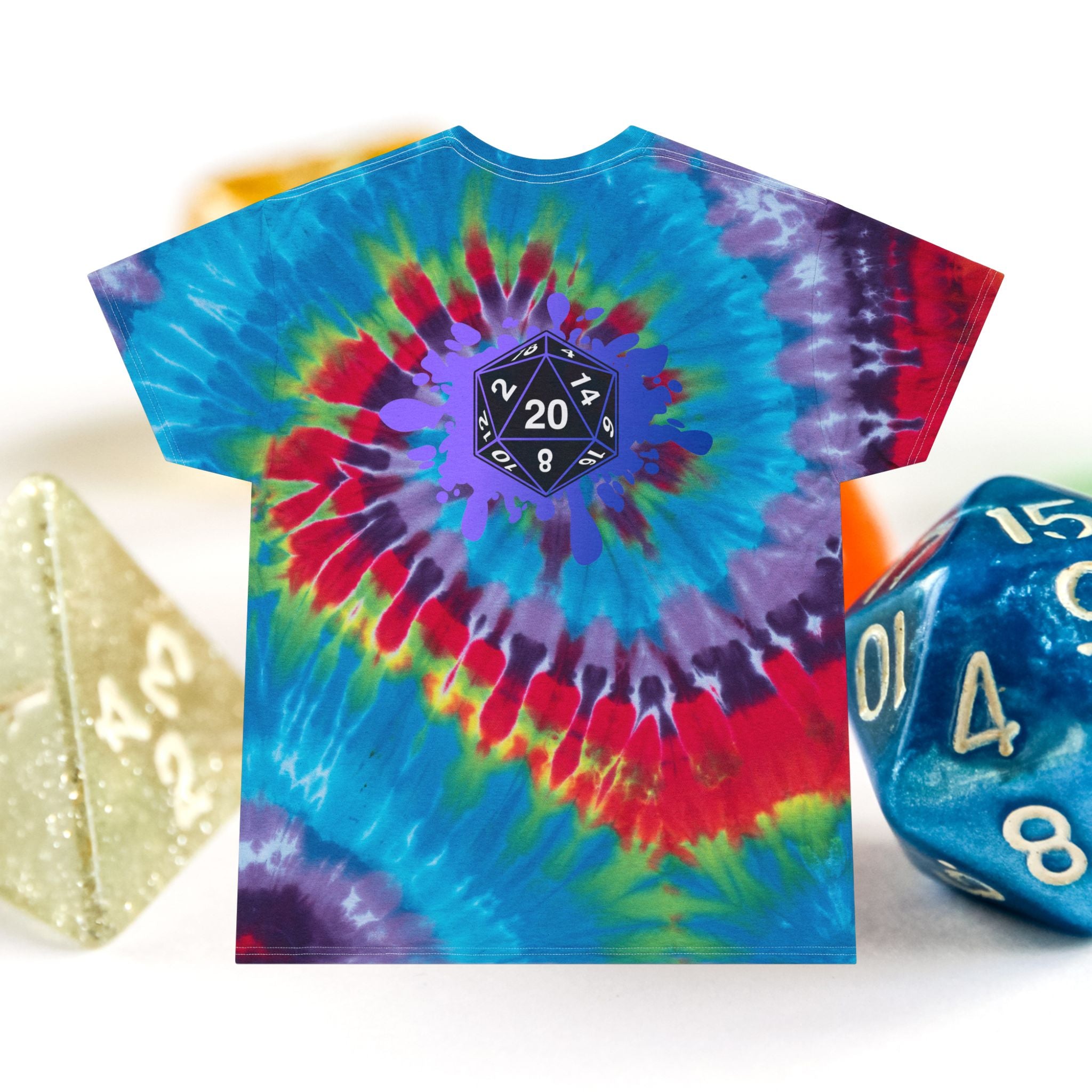 Tie-Dye Spiral Tee with D20 Dice Splatter Graphic Front and Back graphic