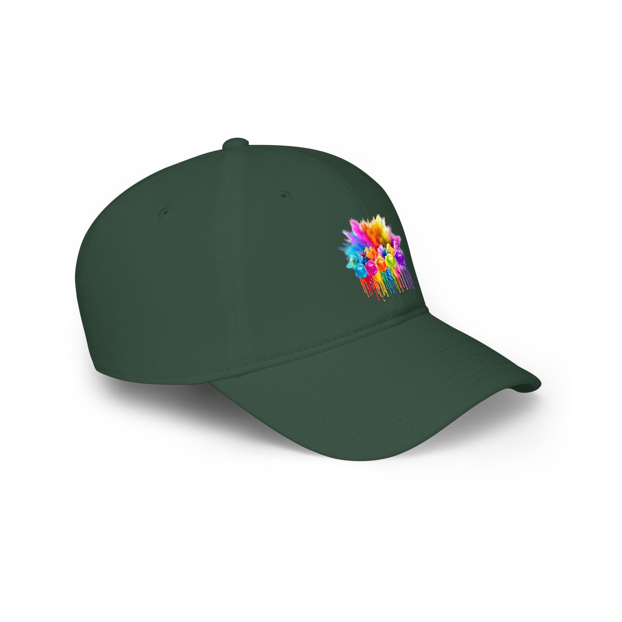 Colorful D20 Baseball Cap — Vibrant Dice Paint Splash Low-Profile Hat