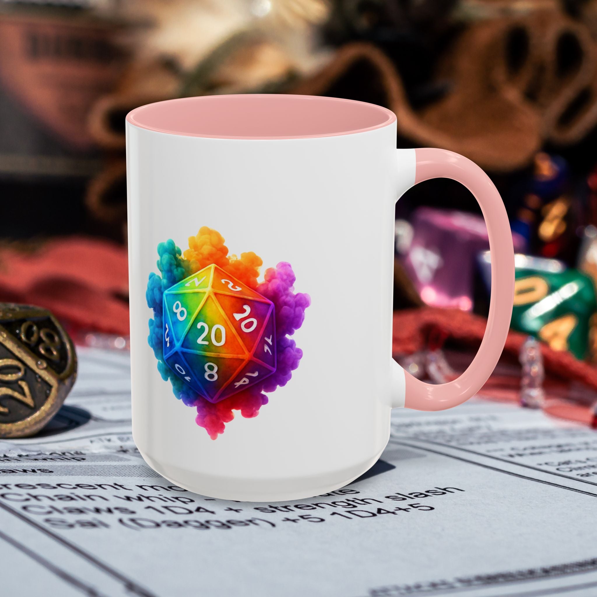 D20 Rainbow Dice Coffee Mug — Colorful Tabletop RPG Gamer Mug (15 oz)