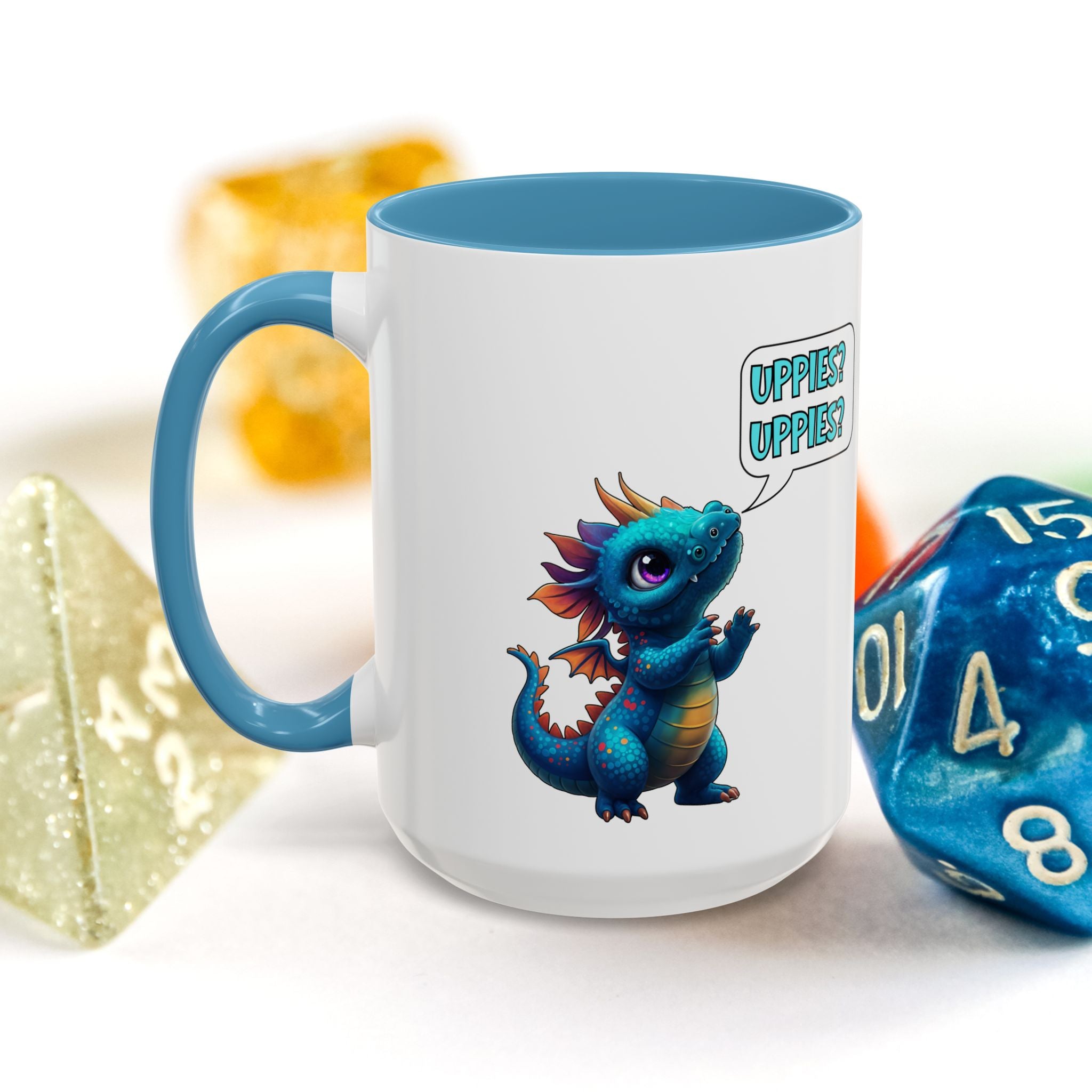 Dragon Coffee Mug - Cute Blue Dragon Saying 'Uppies? Uppies?' - Fantasy D20 Gamer Gift (15oz)