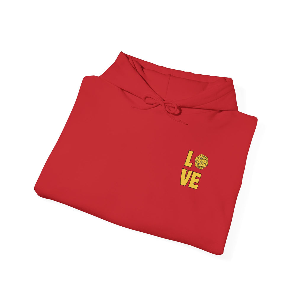 LOVE D20 Hoodie — Gold Glitter Dice Heart Gamer Gaming RPG Hooded Sweatshirt