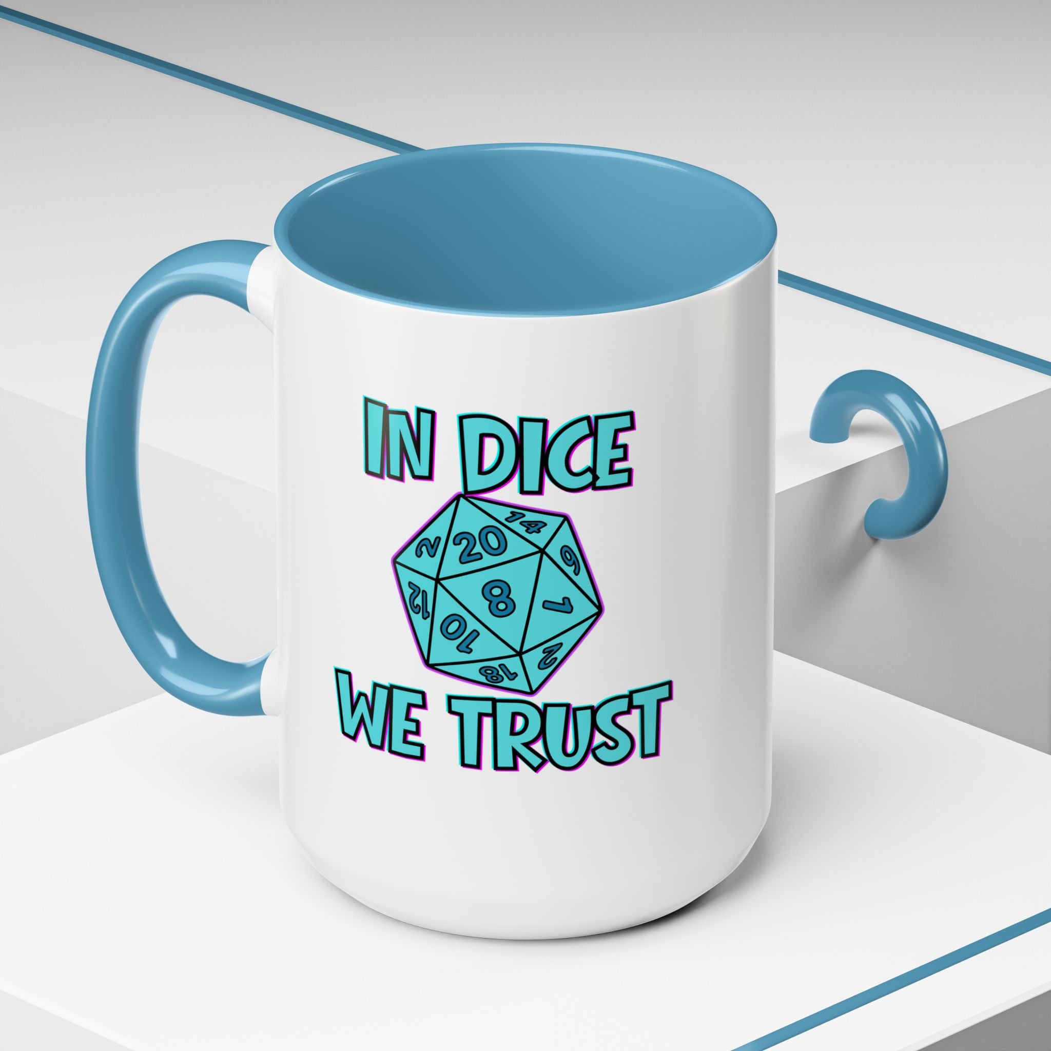 D20 Coffee Mug — "In Dice We Trust" Gamer RPG Dice Mug (15oz Accent)