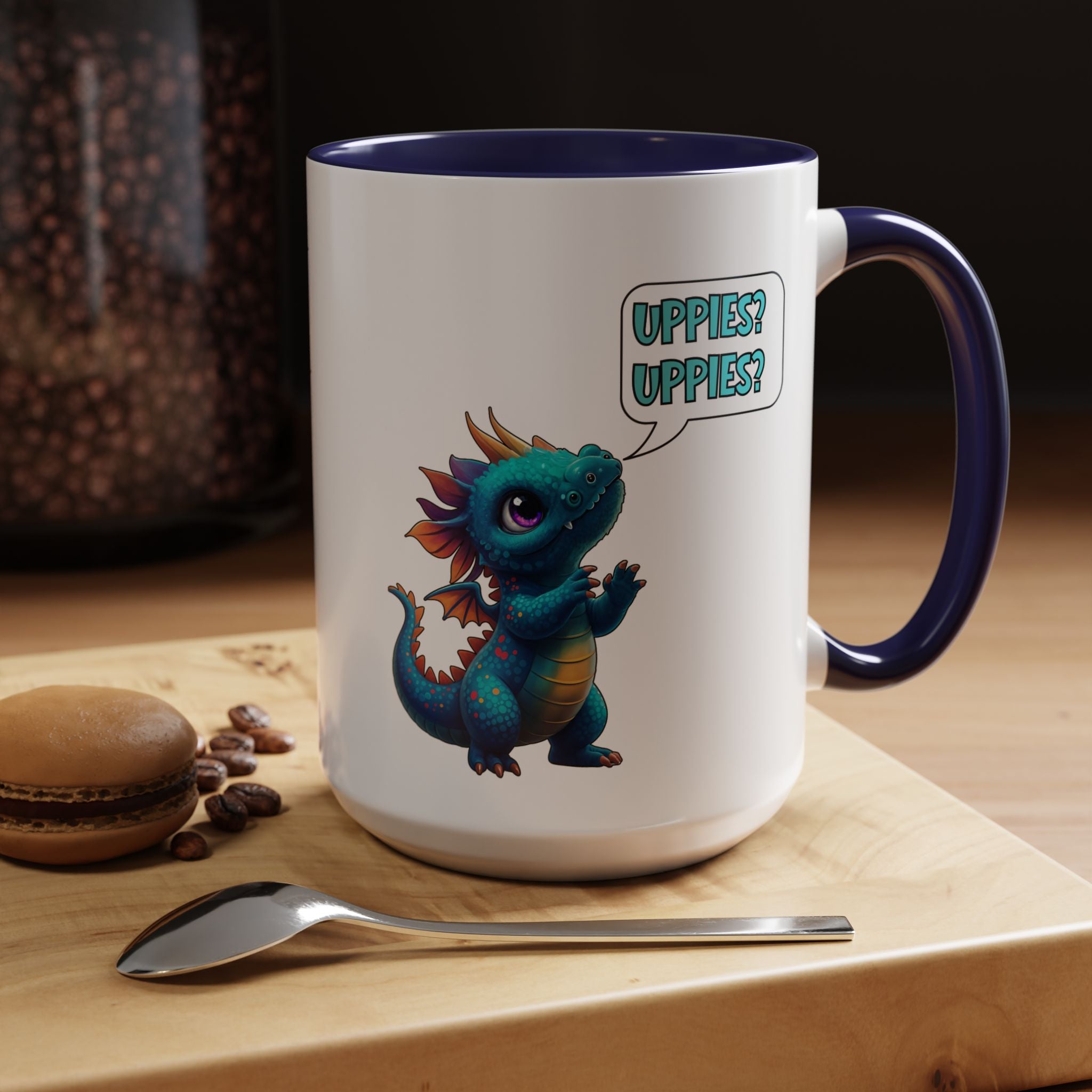 Dragon Coffee Mug - Cute Blue Dragon Saying 'Uppies? Uppies?' - Fantasy D20 Gamer Gift (15oz)