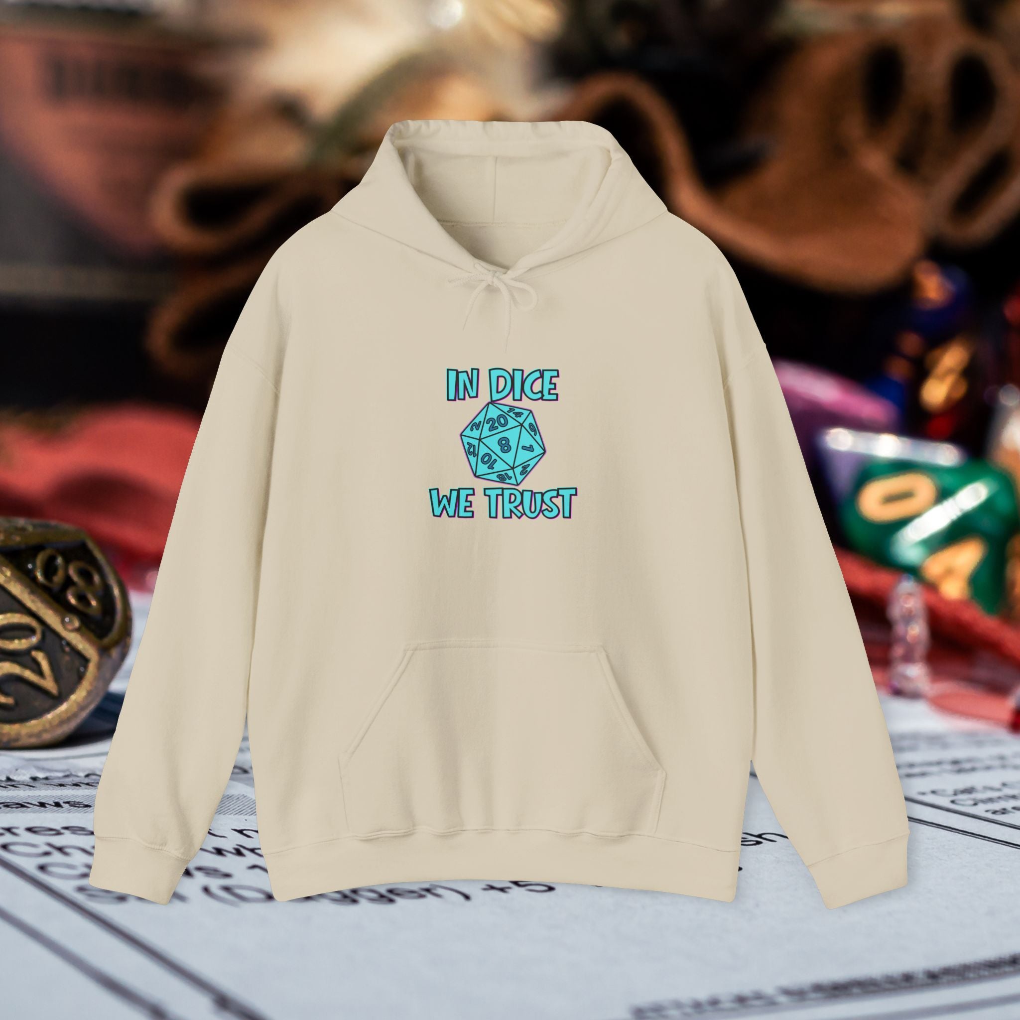 D20 Hoodie — "In Dice We Trust" RPG Gamer Hooded Sweatshirt