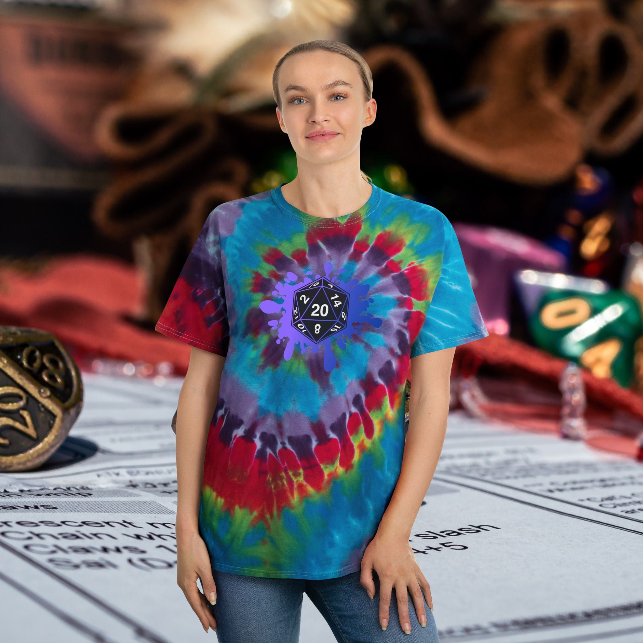 Tie-Dye Spiral Tee with D20 Dice Splatter Graphic Front and Back graphic