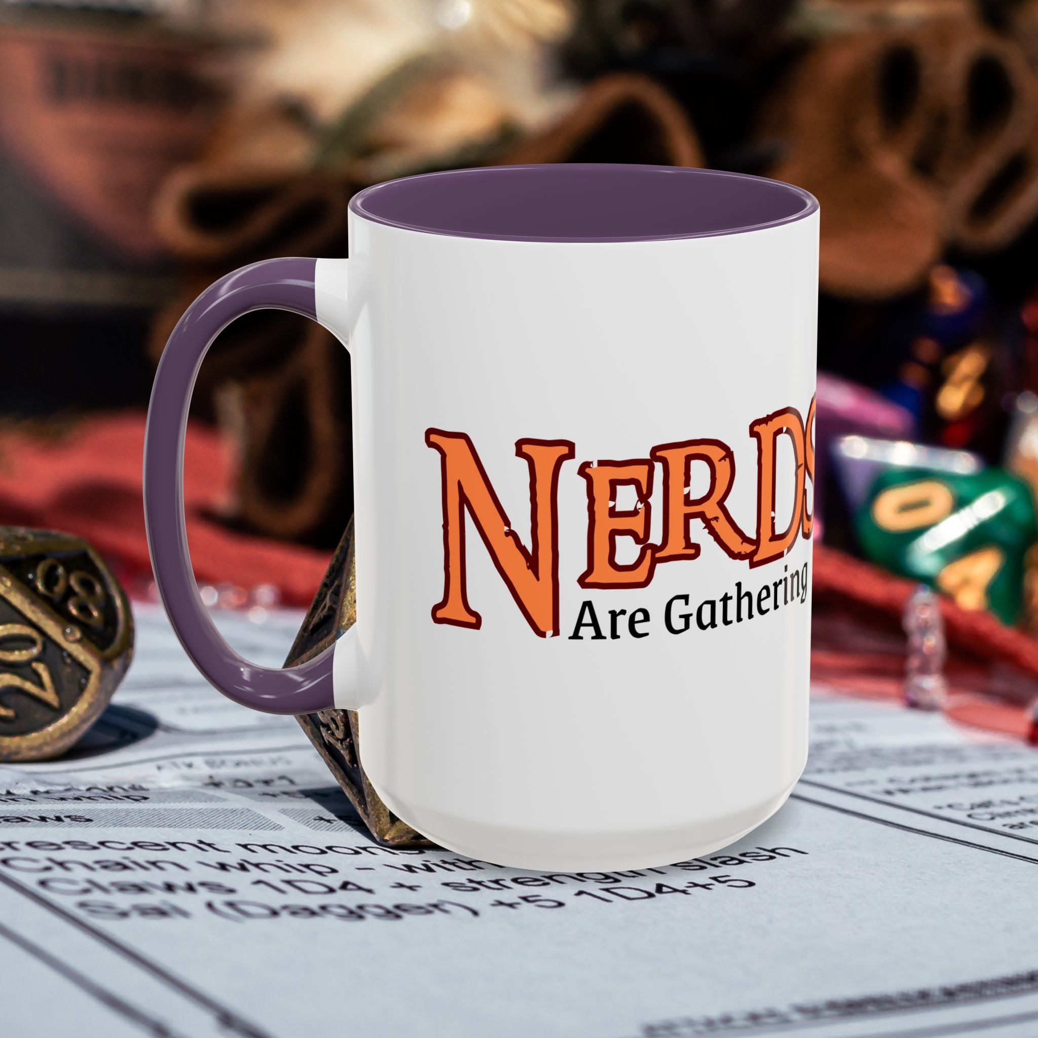 Coffee Mug — "Nerds Are Gathering" Accent Gaming D20 Dice Cup (15oz)